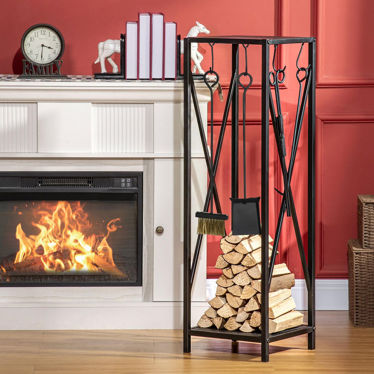 OUTSUNNY Serviteur de cheminée colonne - porte bûches - range bûches multi accessoires dim. 34L x 34l x 111H cm métal noir