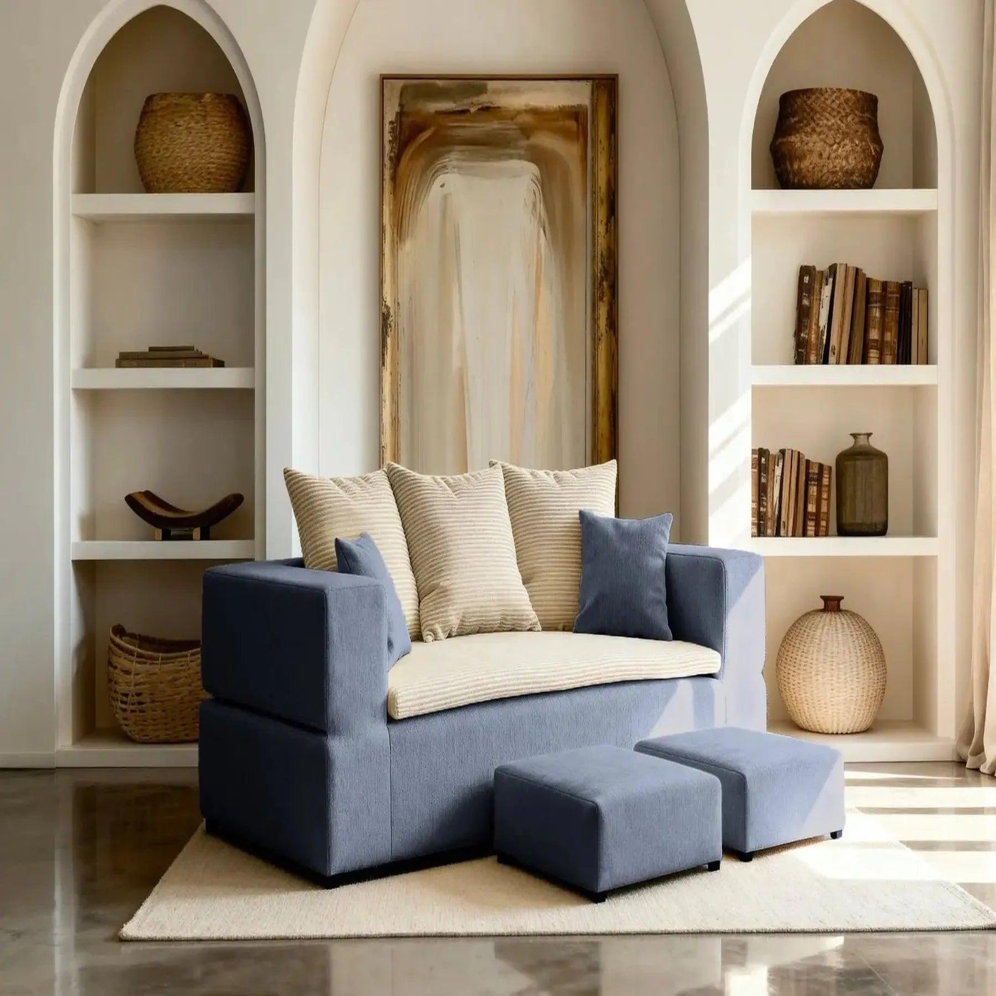 Voir la diapositive 3 : CASANOVA PARIS Ambre - canapé droit convertible bi matière avec deux poufs