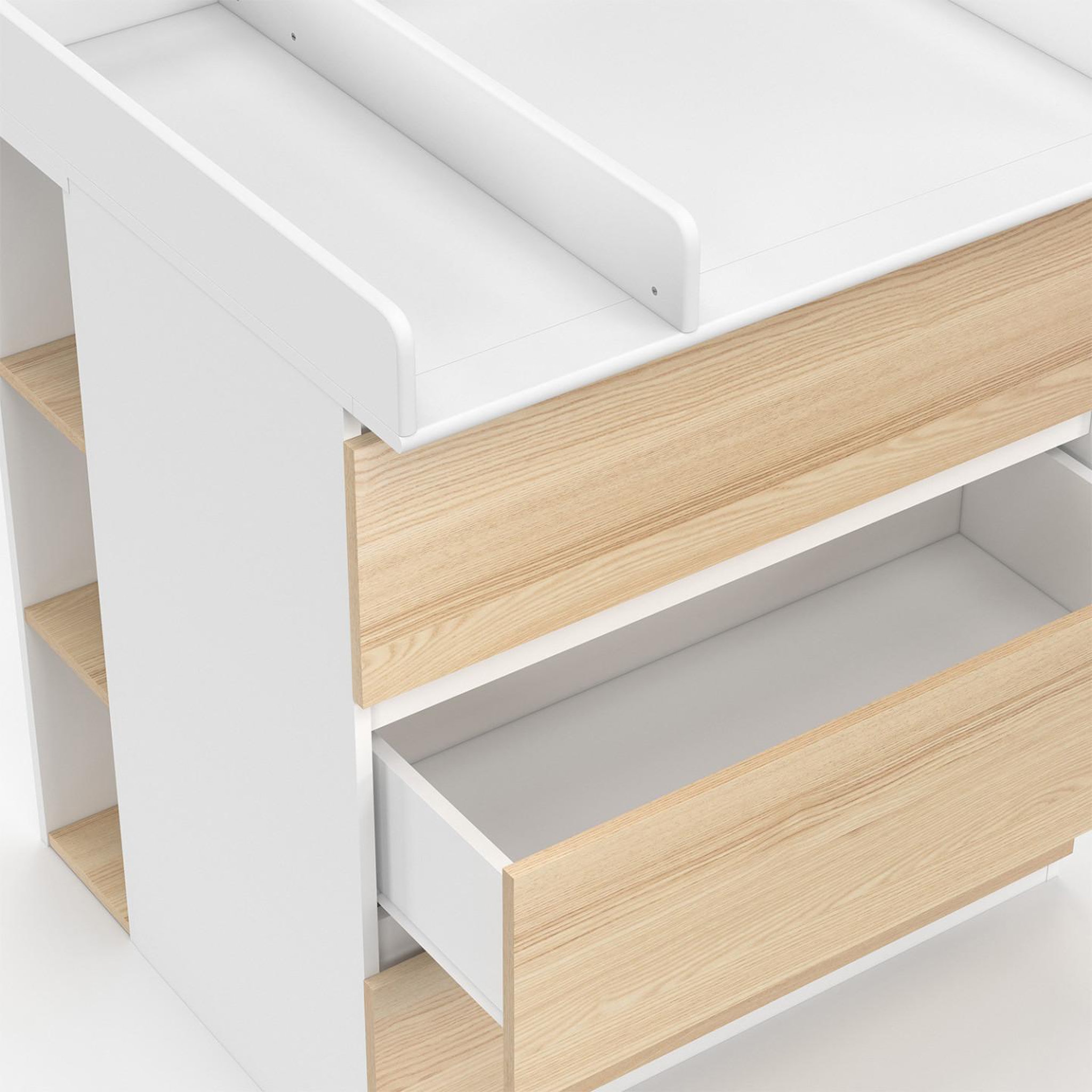 Voir la diapositive 6 : ID MARKET Commode à langer évolutive ambre façon hêtre et blanc 3 tiroirs table à langer et 2 étagères amovibles