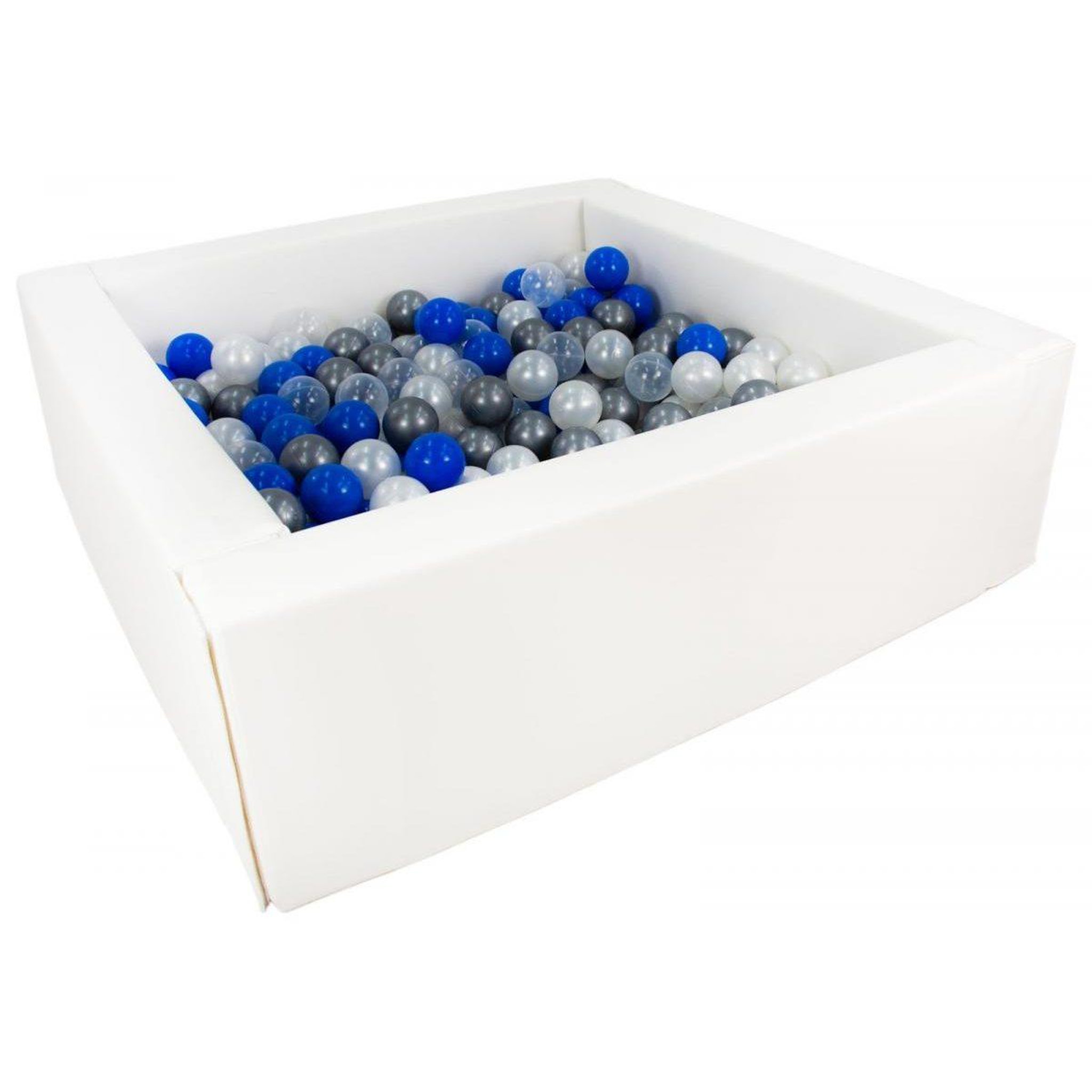 VELINDA Piscine à balles carrée avec 300 balles - blanc/perle, transparent, bleu, argent