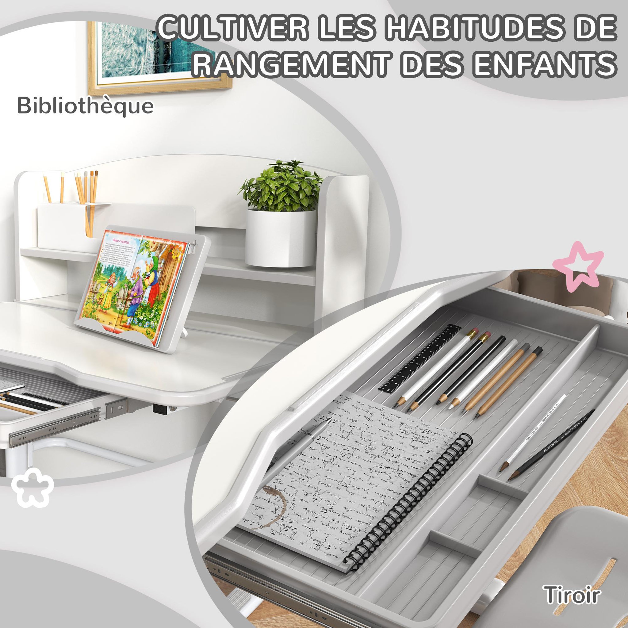 Voir la diapositive 4 : HOMCOM Bureau enfant avec chaise - ensemble bureau et chaise réglable - support lecture, tablette, étagère - gris blanc