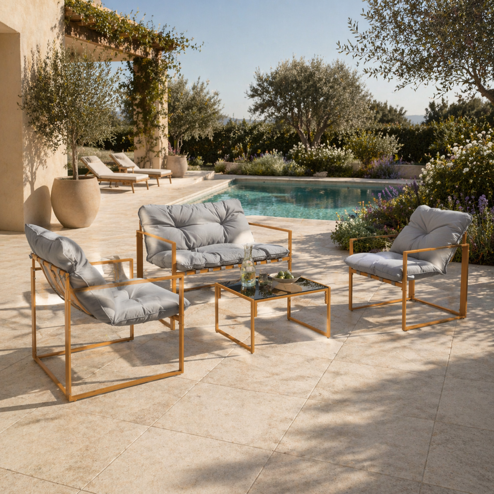 Voir la diapositive 2 : CONCEPT USINE Salon de jardin 4 places contemporain brun et coussins gris rabat