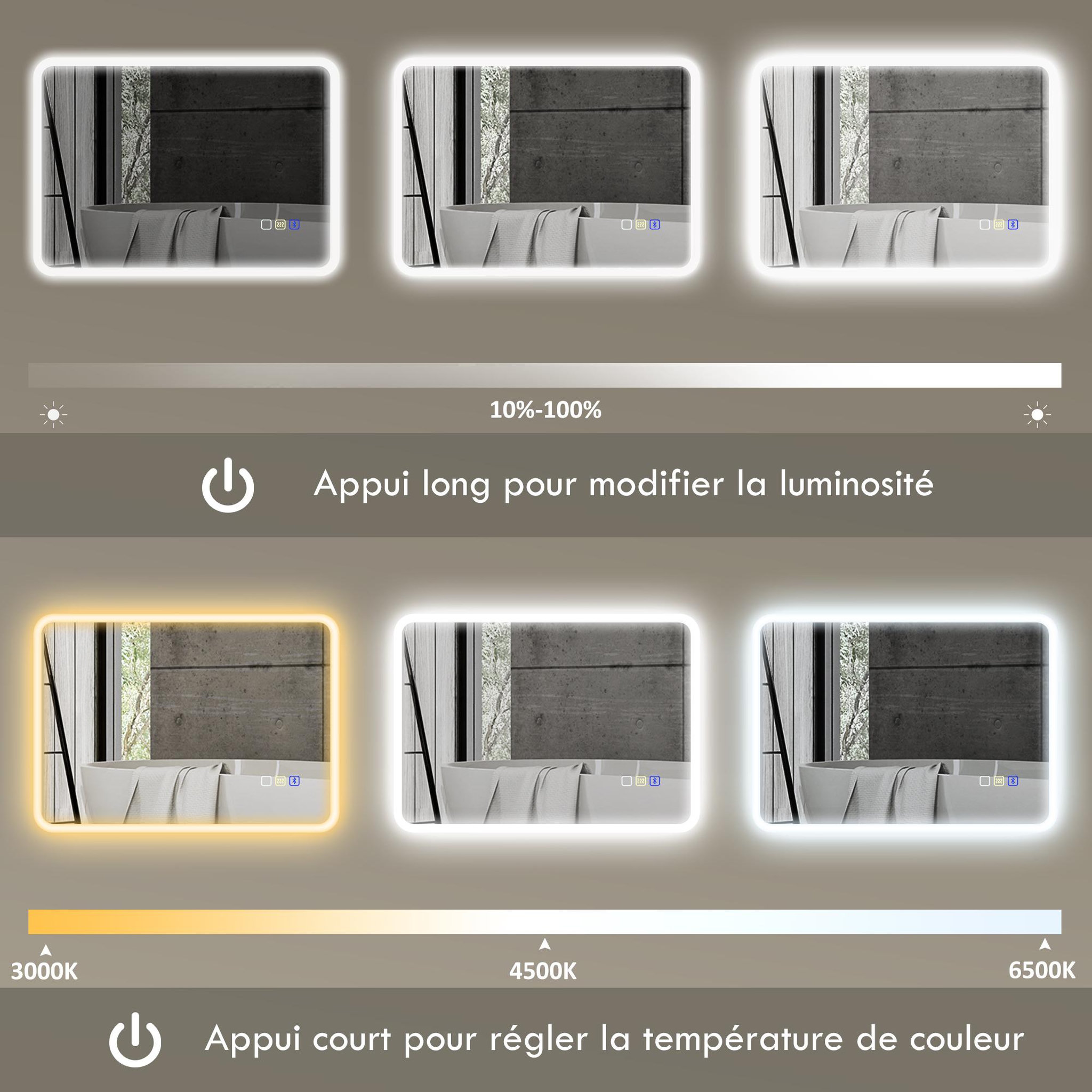 Voir la diapositive 6 : HOMCOM Miroir lumineux led salle de bain 50 x 70 cm bluetooth interrupteur tactile lumière réglable 3 couleurs fonction anti-buée et mémoire
