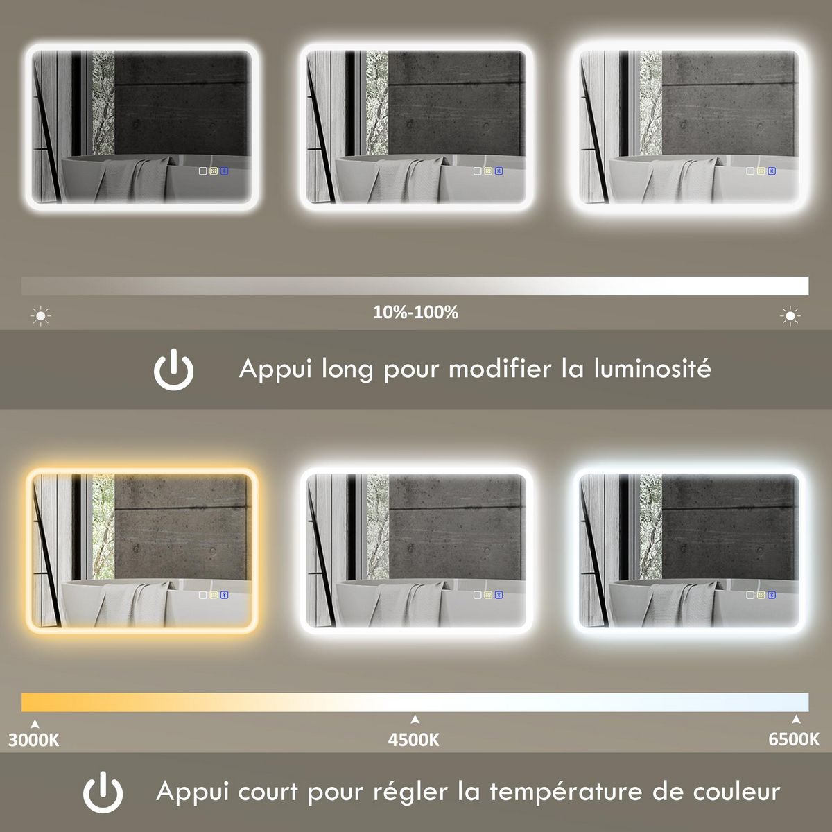 HOMCOM Miroir lumineux LED salle de bain 50 x 70 cm bluetooth interrupteur tactile lumière réglable 3 couleurs fonction anti-buée et mémoire