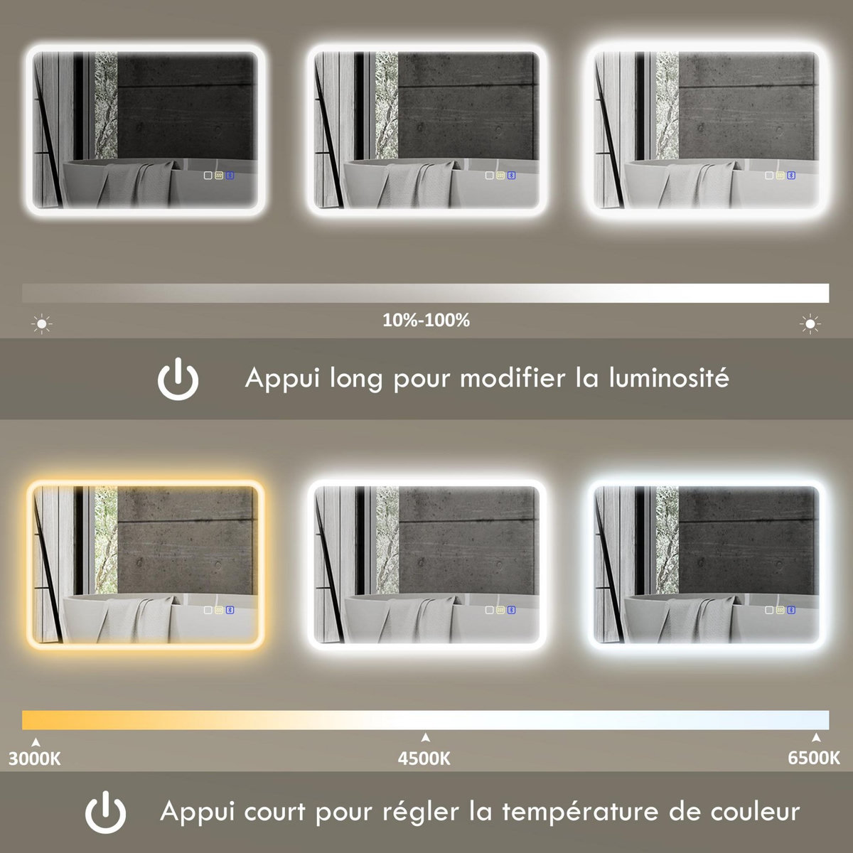 HOMCOM Miroir lumineux LED salle de bain 50 x 70 cm bluetooth interrupteur tactile lumière réglable 3 couleurs fonction anti-buée et mémoire