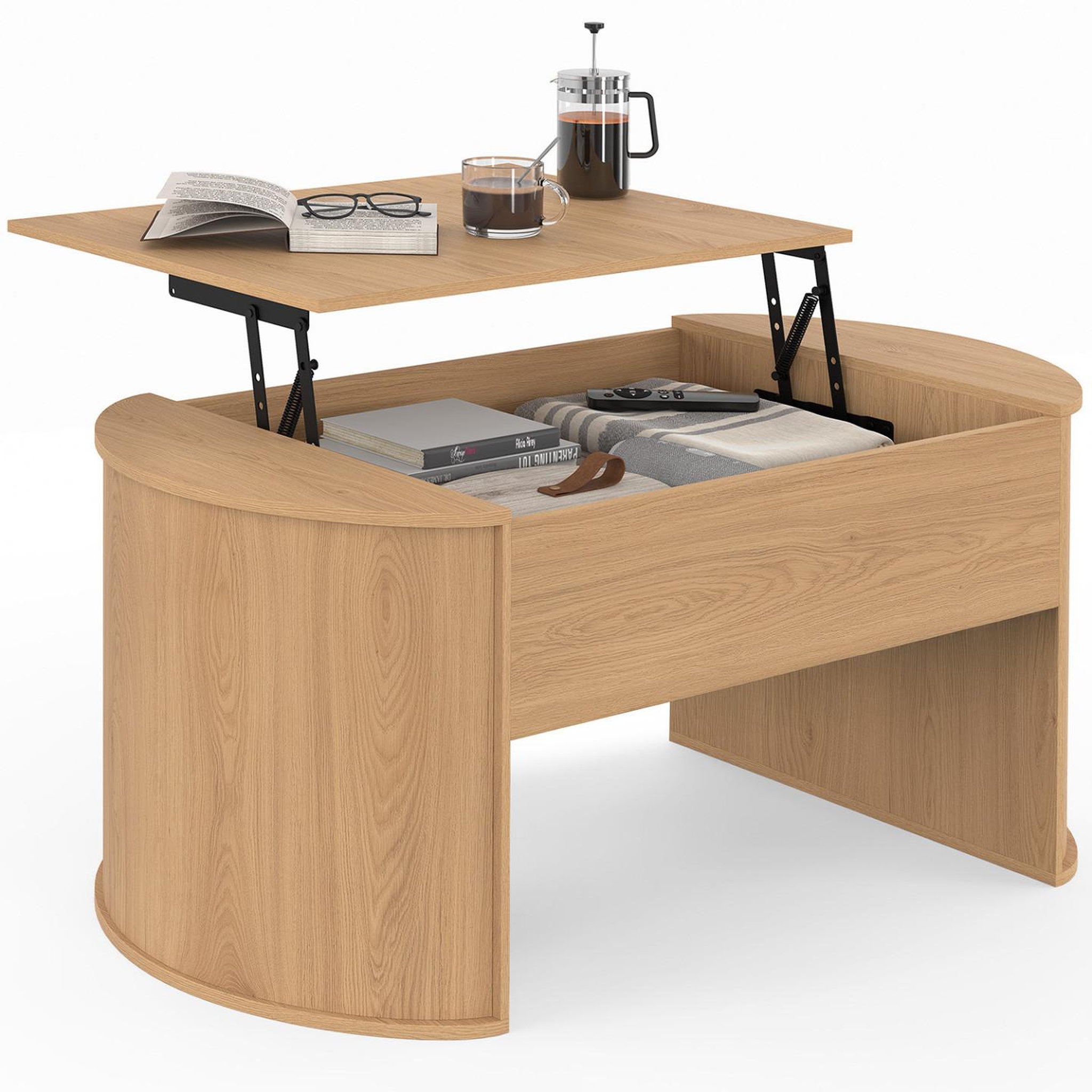 ID MARKET Table basse ovale plateau relevable divia 100 cm bois façon hêtre design arrondi