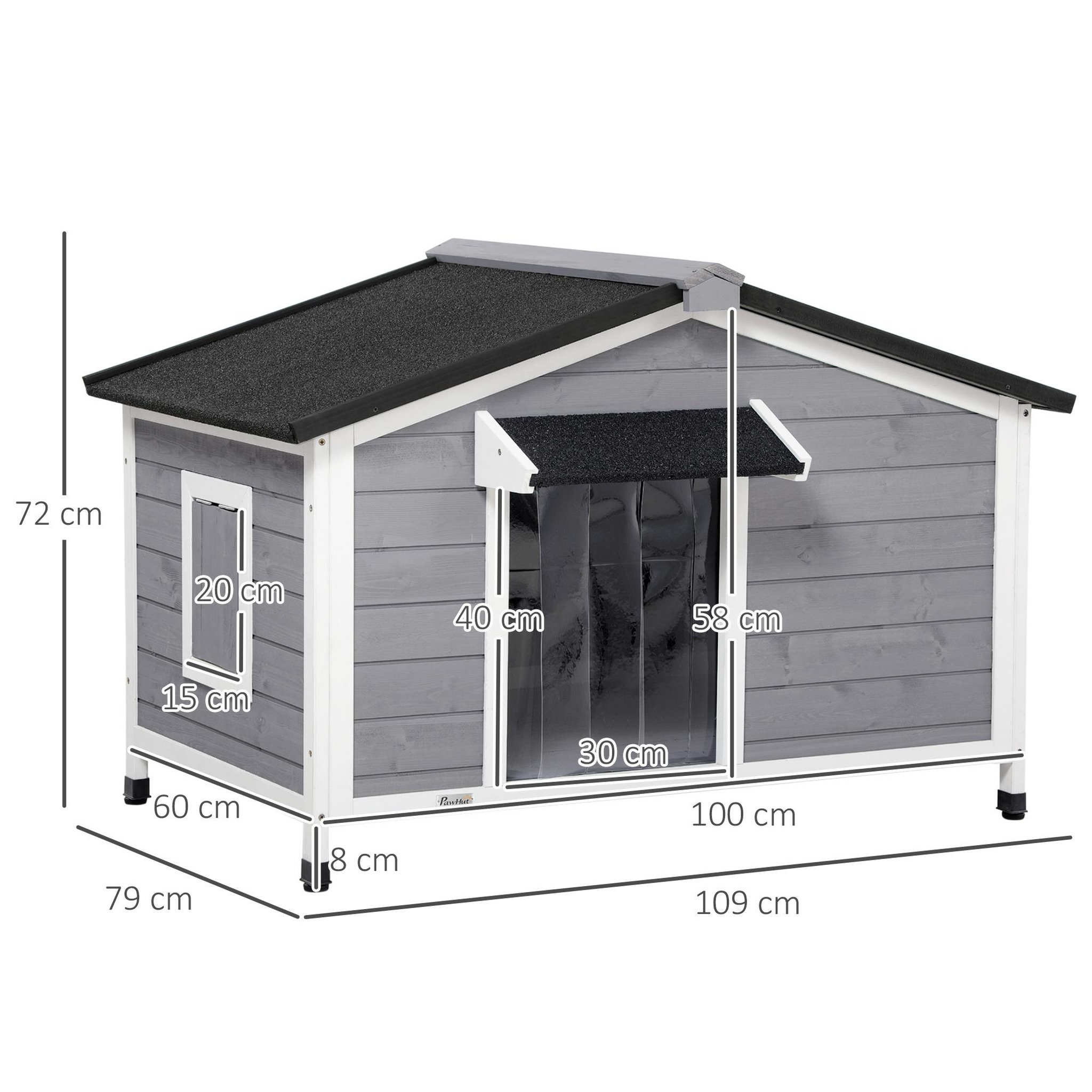 Voir la diapositive 3 : PAWHUT Niche chien style cottage - 2 fenêtres, porte, toit ouvrant bitumé - bois sapin gris