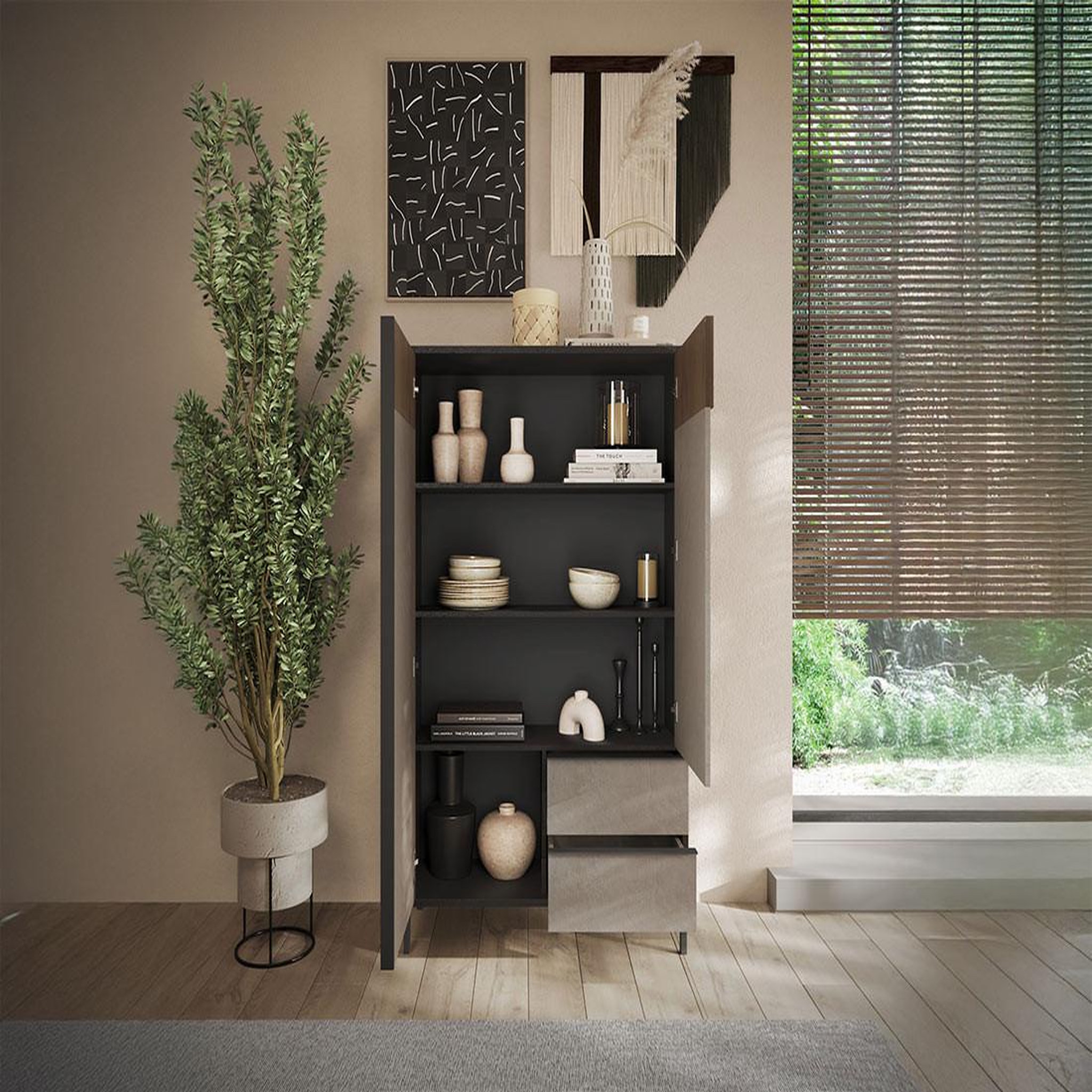 Voir la diapositive 3 : BEST MOBILIER Jules - buffet haut - 2 portes et 2 étagères - 106x177 cm