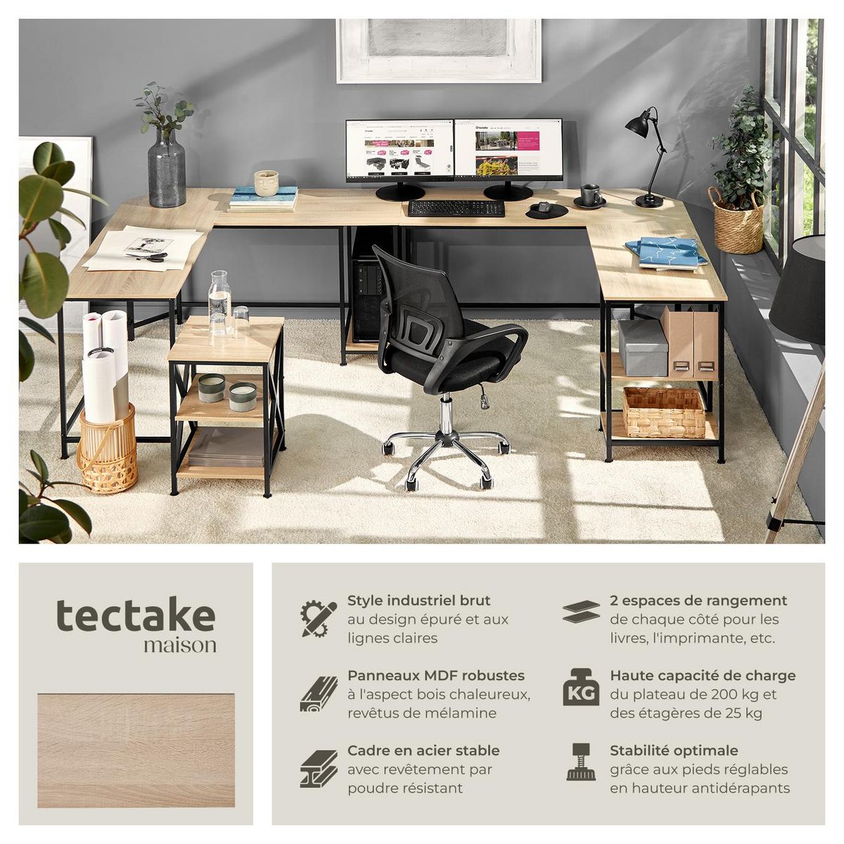 tectake Bureau Style industriel Étagère latérale avec 2 compartiments de stockage