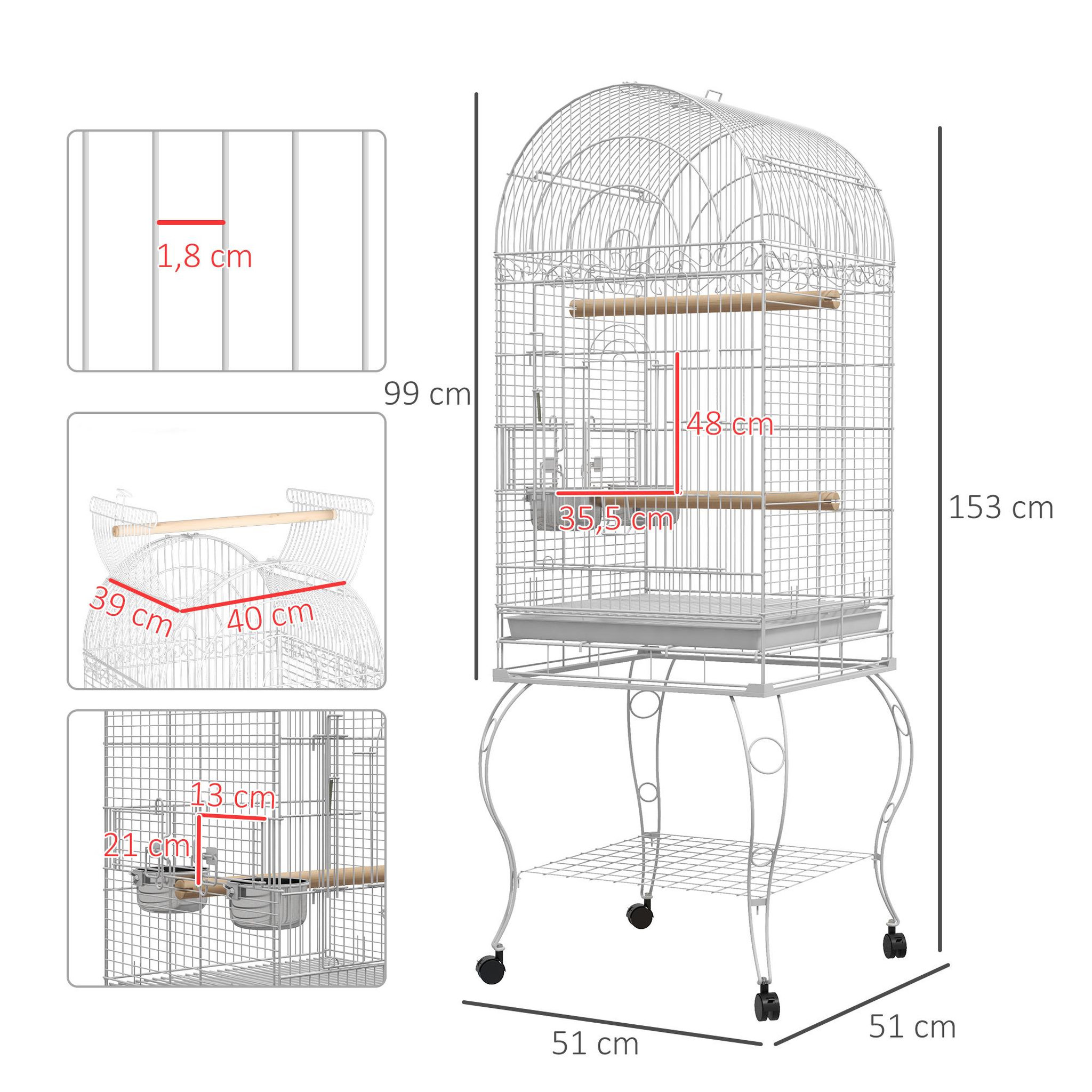 Voir la diapositive 3 : PAWHUT Cage à oiseaux volière sur roulettes - étagère, grille, plateau amovible, 2 bols acier inox, perchoir - acier blanc