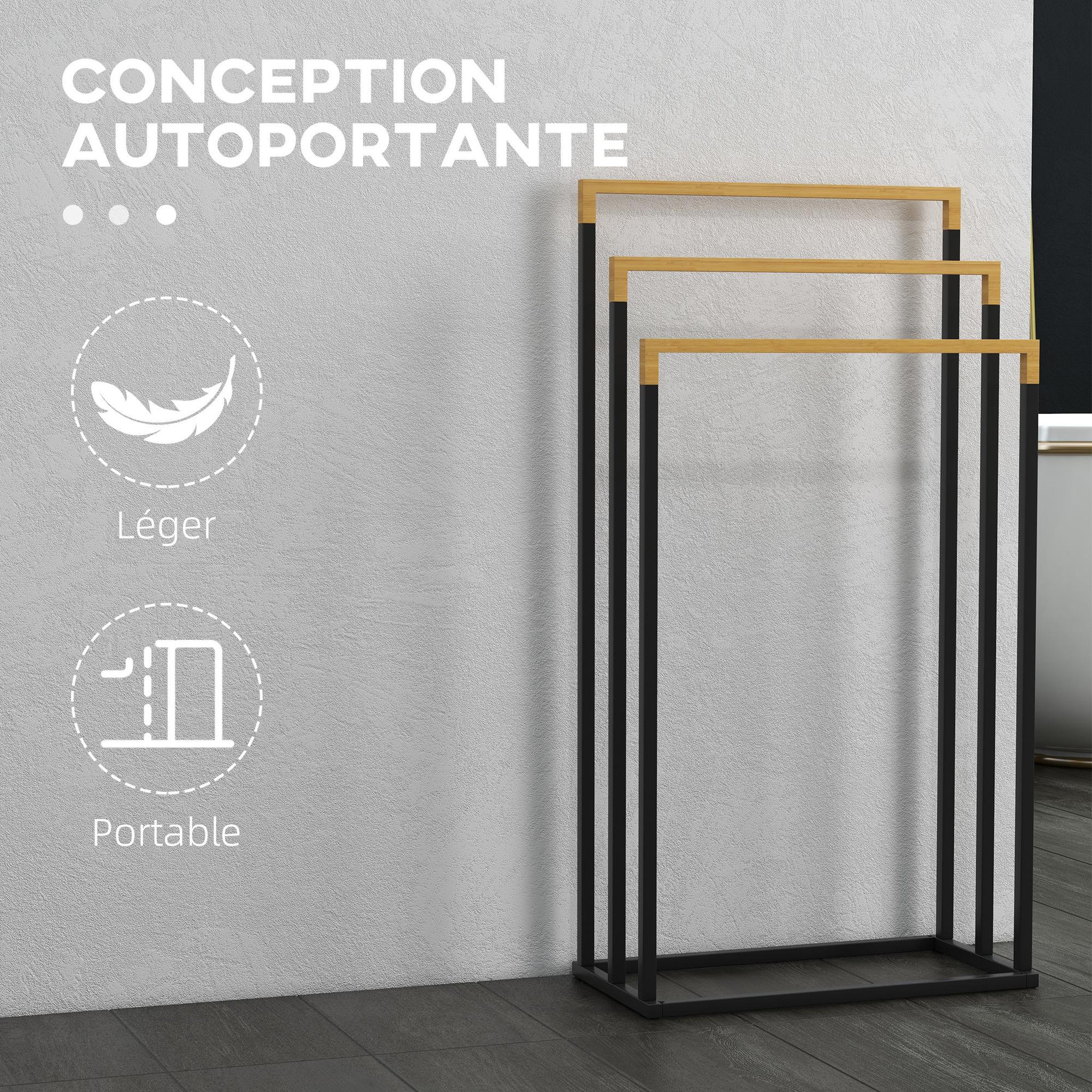 Voir la diapositive 6 : KLEANKIN Porte-serviette autoportant 3 barres - dim. 45l x 22l x 86h cm - bois bambou acier noir