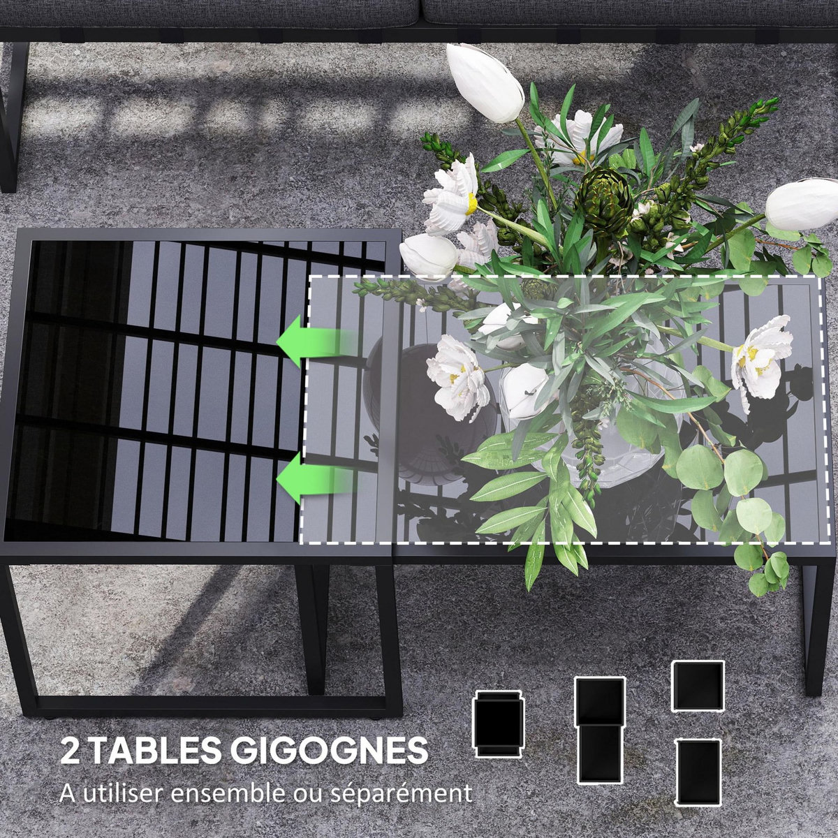 OUTSUNNY Ensemble salon de jardin d'angle 5 places 4 pièces modulables tables basses gigognes acier verre trempé noir gris