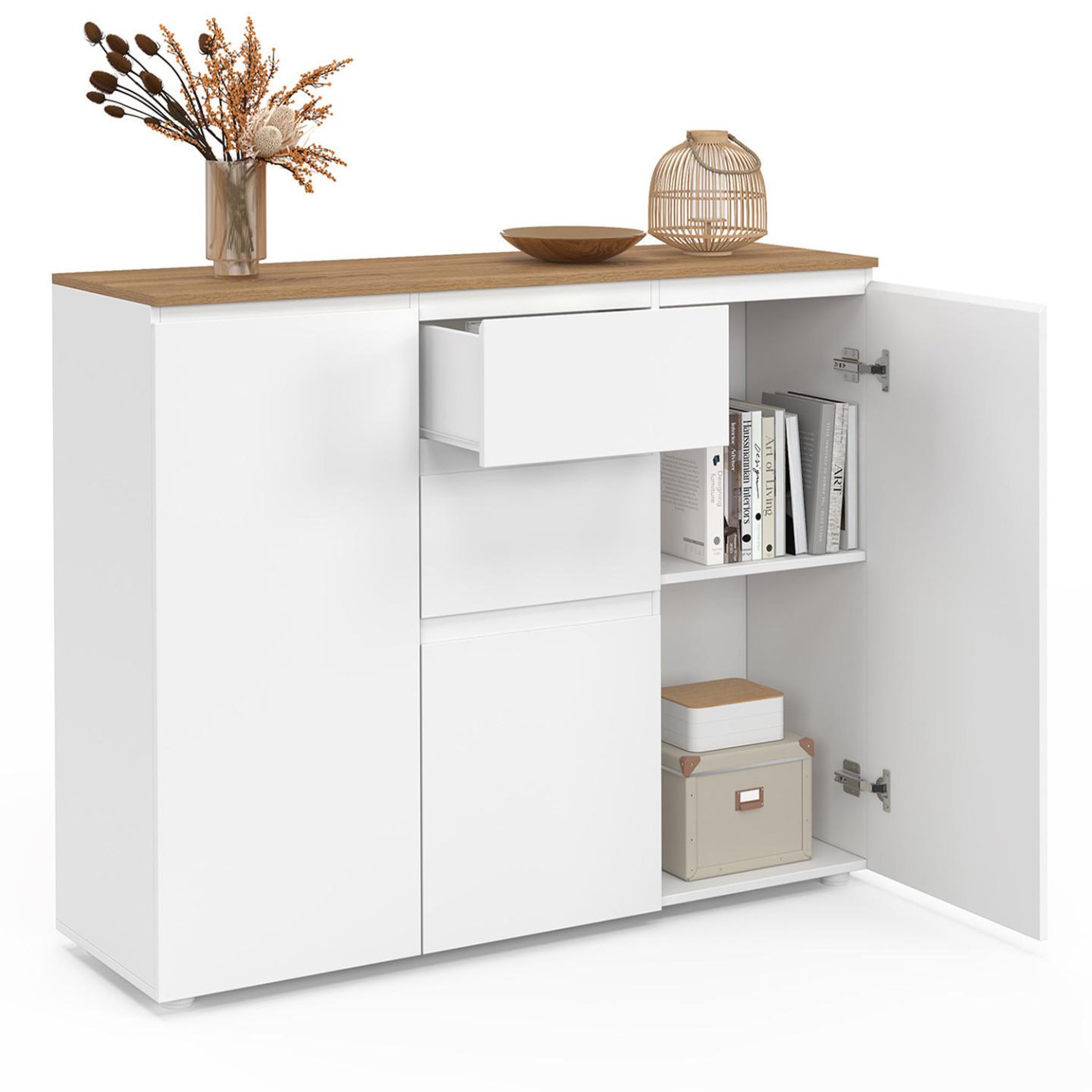 Voir la diapositive 4 : ID MARKET Buffet 100 cm toby 3 portes 2 tiroirs blanc et plateau bois
