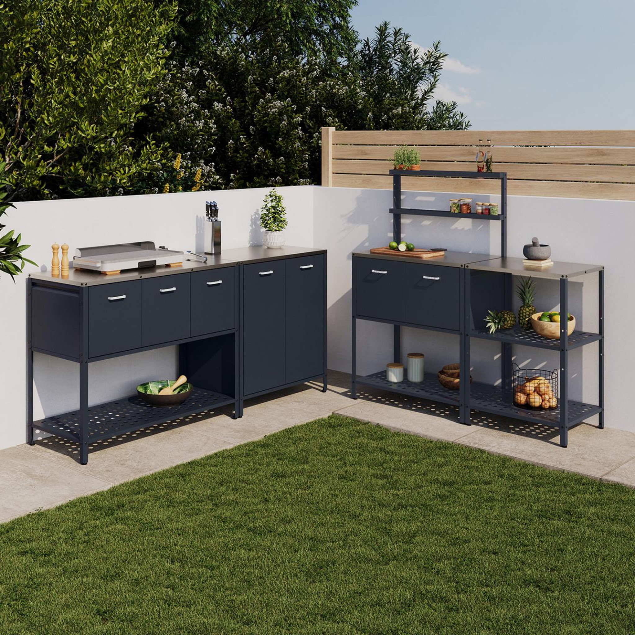 Voir la diapositive 3 : ID MARKET Meuble de cuisine extérieure pareo 2 portes et 2 étagères suspendues en acier gris anthracite