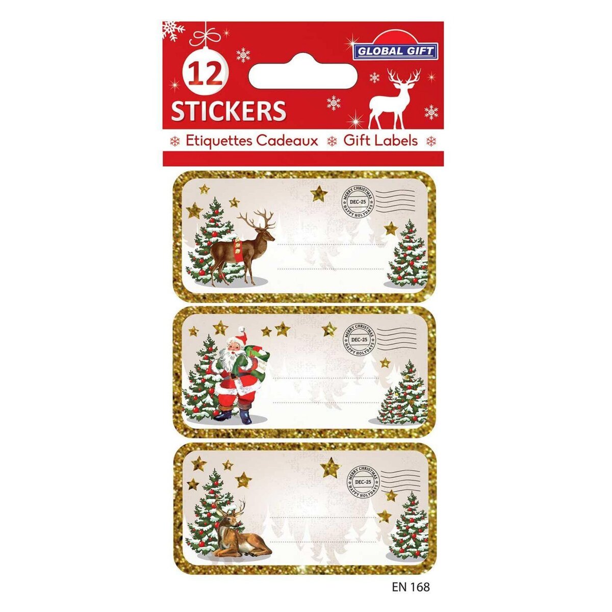  12 étiquettes adhésives de Noël - Cerfs de Laponie et Père Noël
