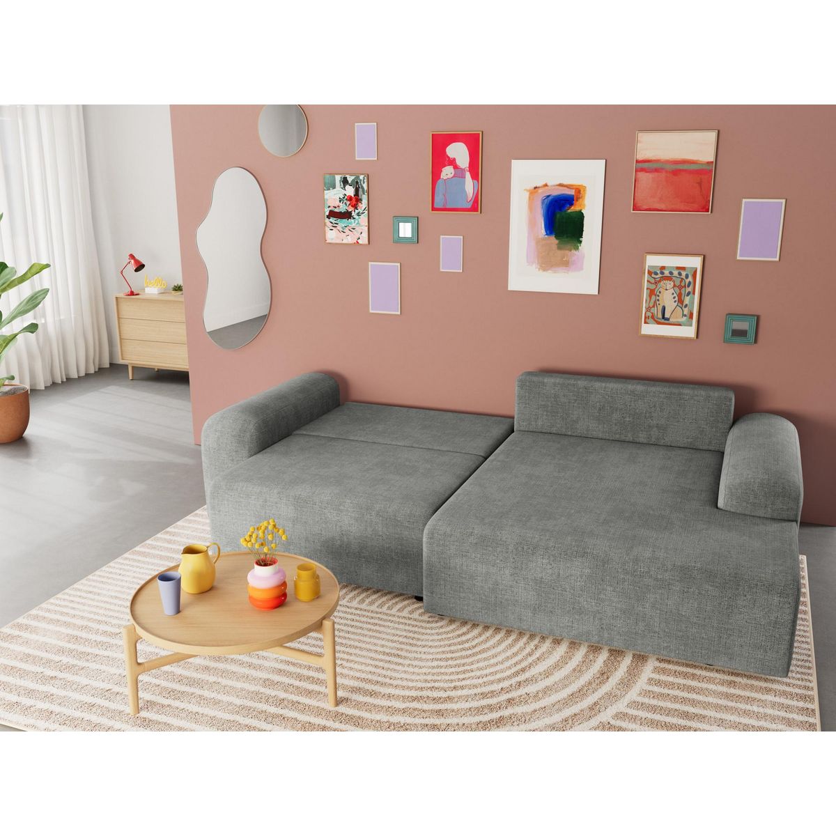 BEST MOBILIER Rebecca - canapé d'angle droit 4 places convertible avec coffre en velours texturé