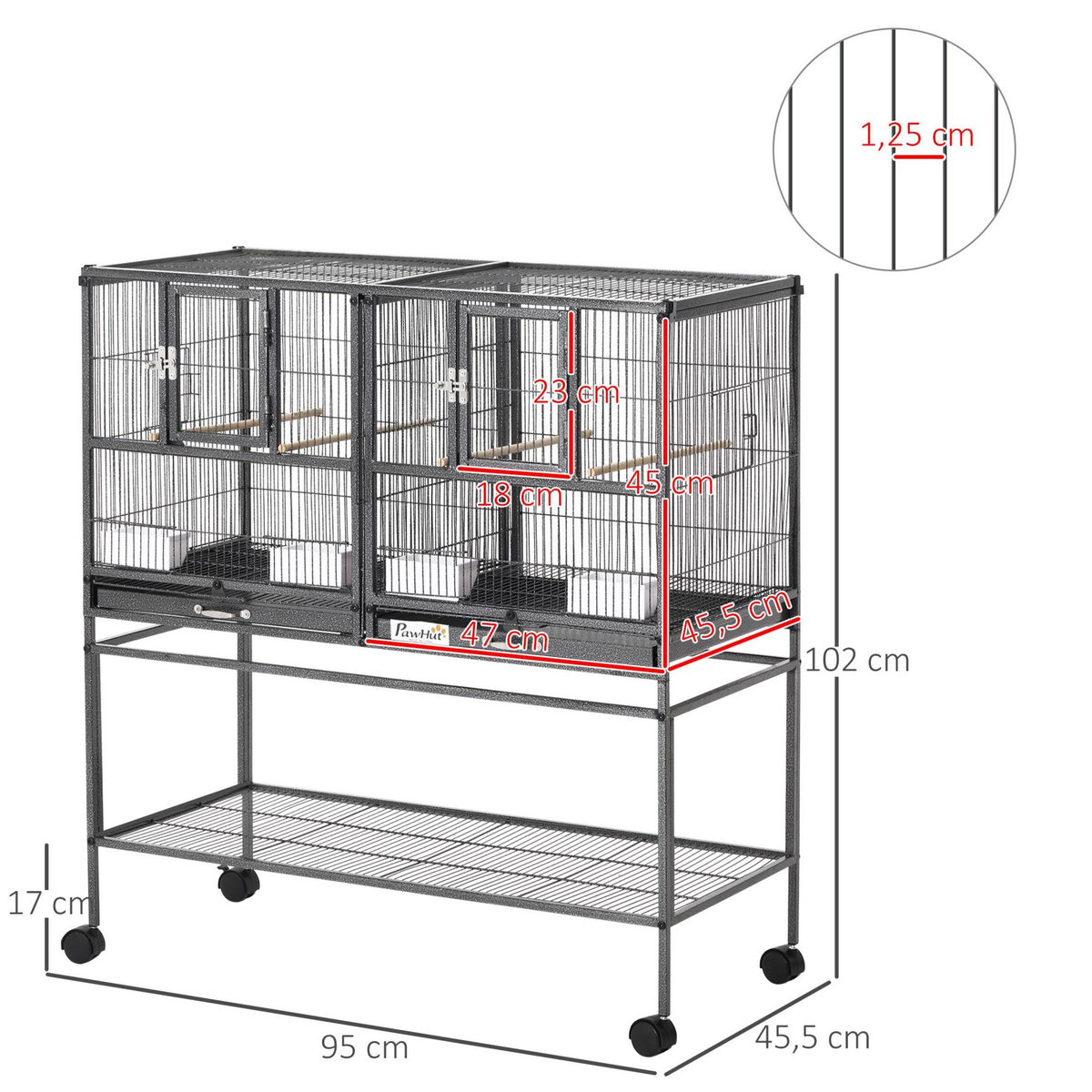 PAWHUT Cage à oiseaux avec séparation mangeoire et perchoir 95L x 45l x 102H cm Noir et Gris