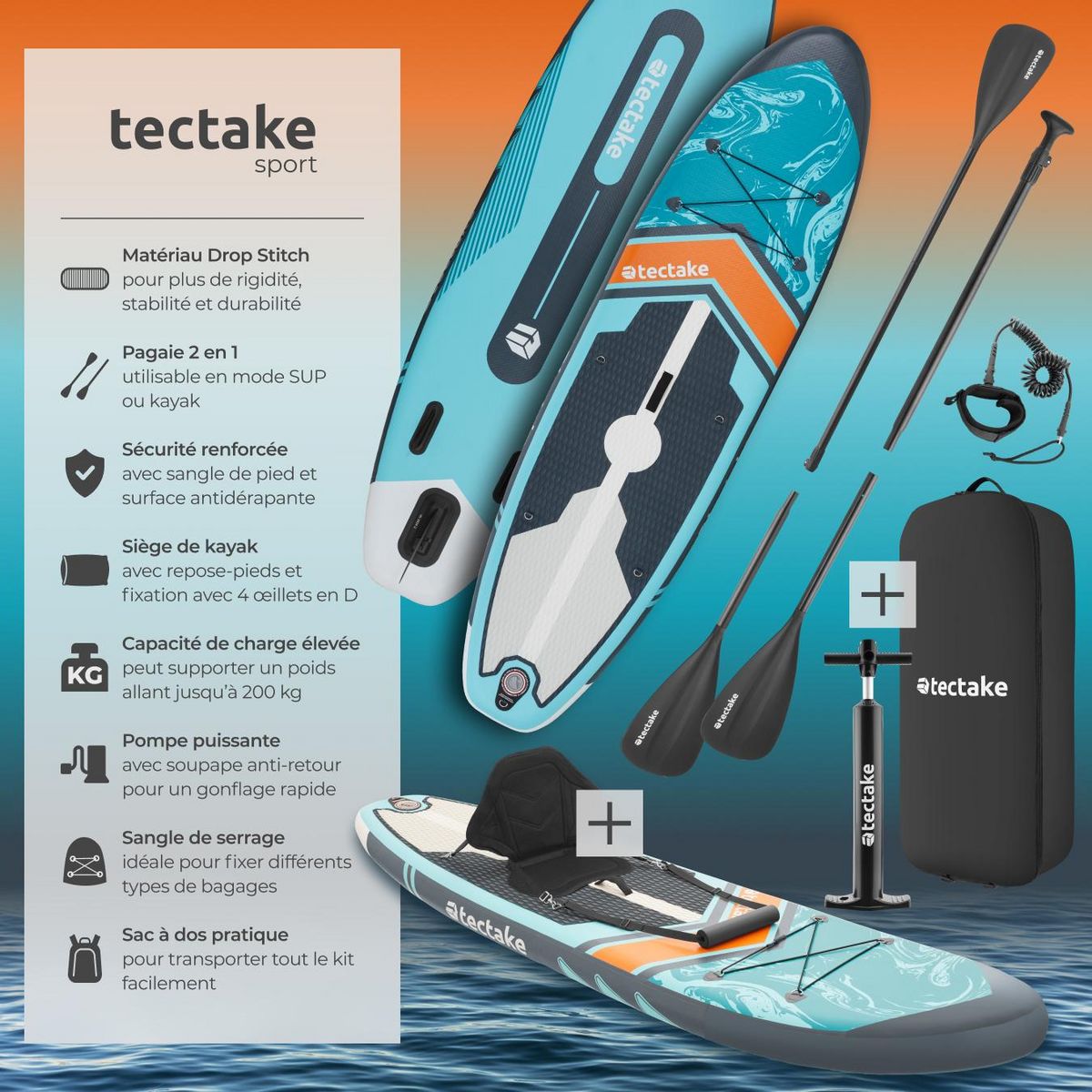 tectake Planche de stand-up paddle 2-en-1 en matériau Drop-Stitch turquoise/orange
