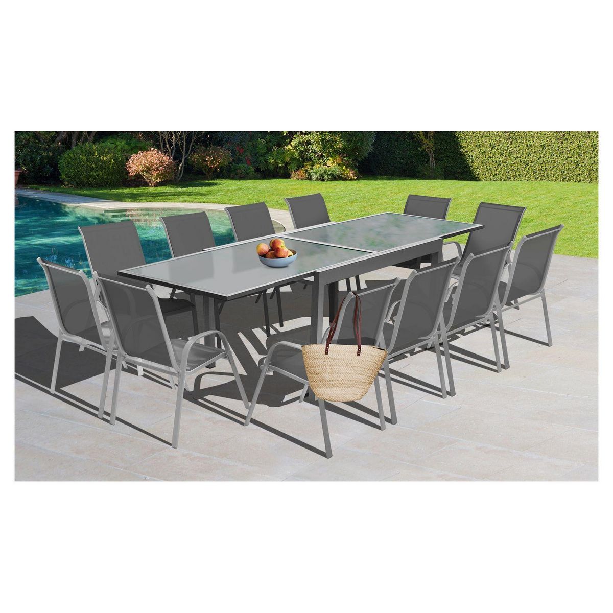 Inkazen Table de jardin extensible - 8/12 places - Verre trempé - Gris