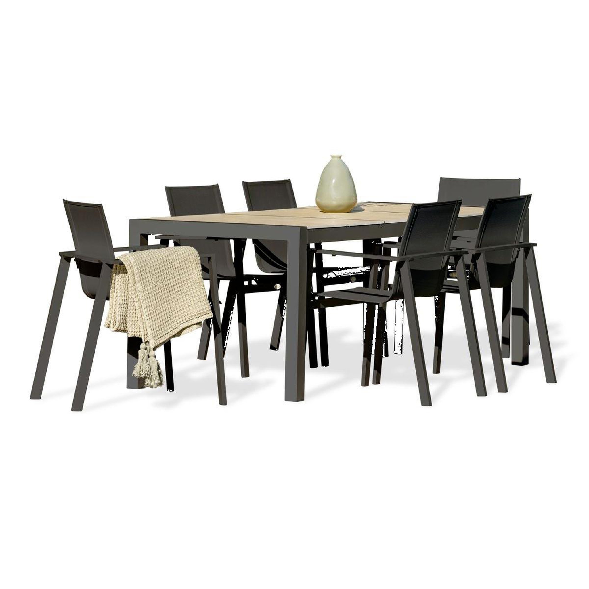 DCB GARDEN Ensemble Table de Jardin en Céramique & 6 Fauteuils  Venise  195cm Gris Anthracite