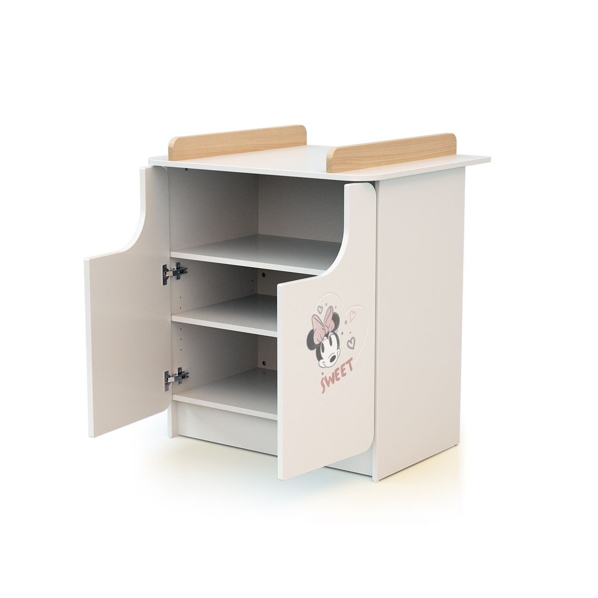 AT4 Ensemble lit bébé 60x120 cm et commode à langer 2 portes MICKEY ET MINNIE DISNEY Blanc et Hêtre