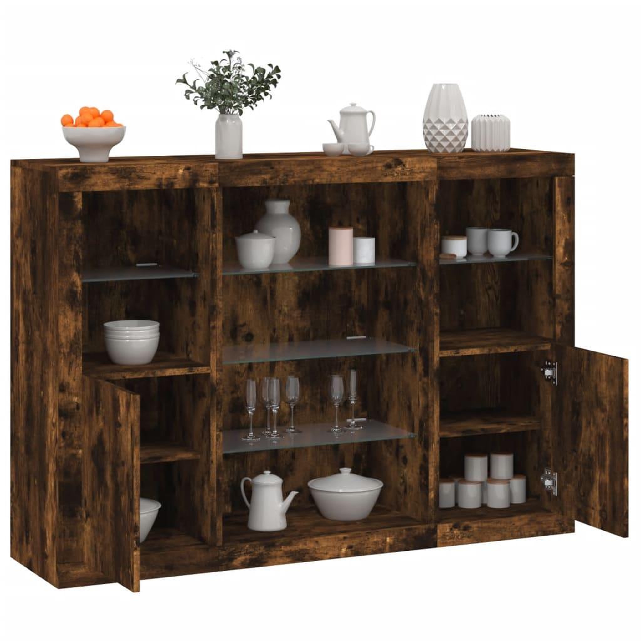 VIDAXL Buffets avec lumieres LED 3 pcs chene fume bois d'ingenierie