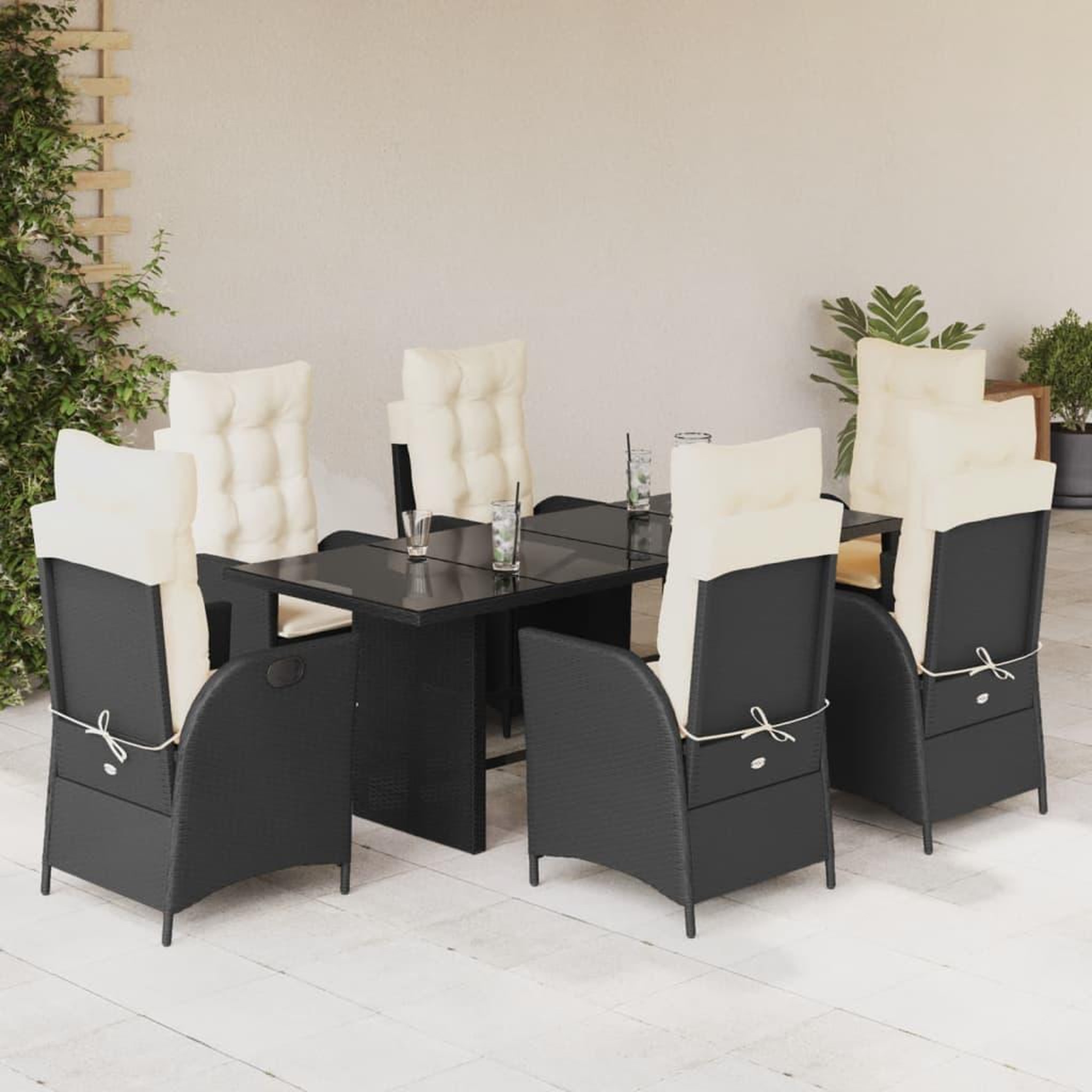 VIDAXL Ensemble a manger de jardin coussins 7pcs Noir Resine tressee
