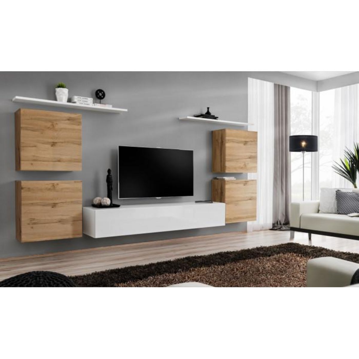 Paris Prix Meuble TV Mural Design  Switch IV  320cm Naturel & Blanc