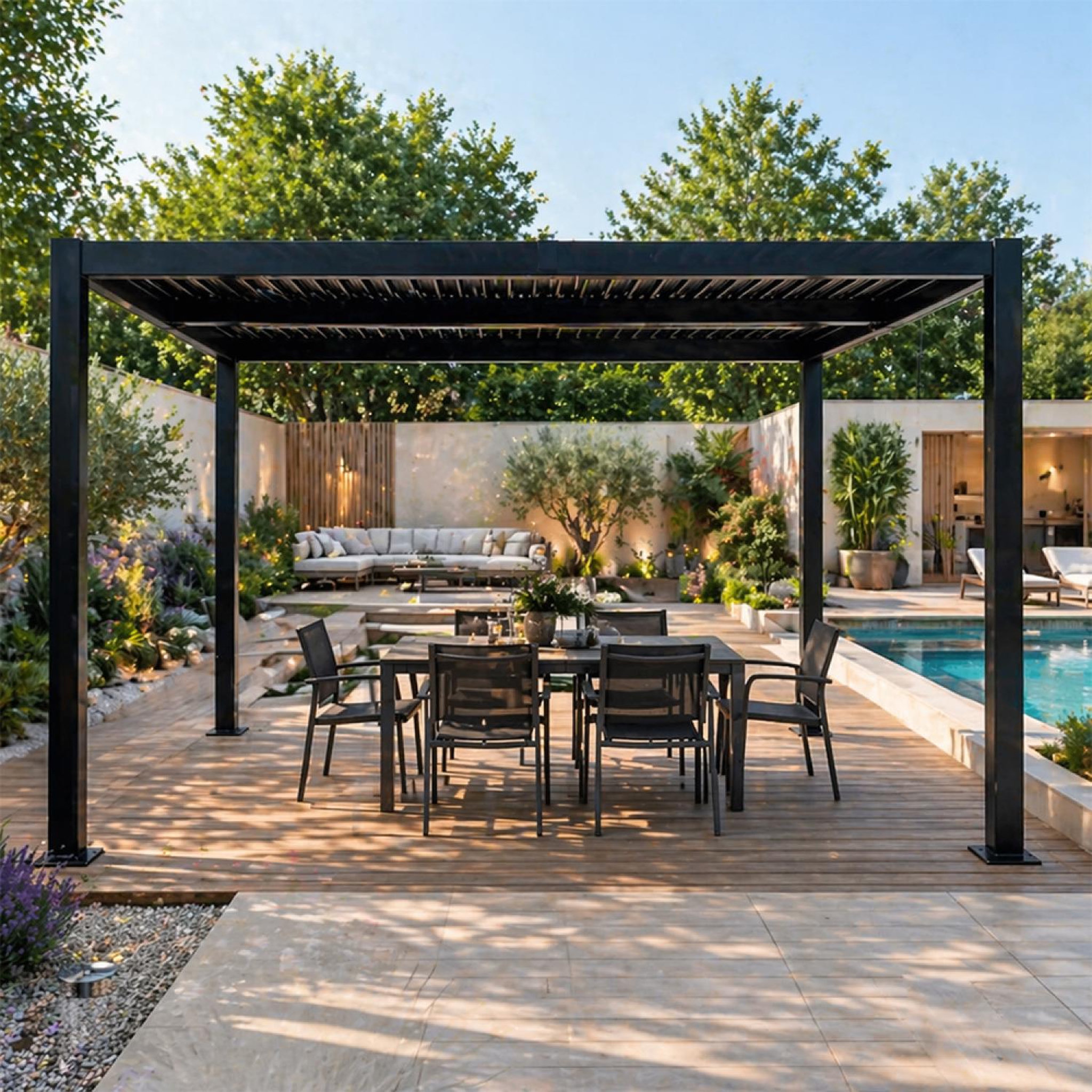 Voir la diapositive 2 : CONCEPT USINE Pergola bioclimatique structure et lames orientables en aluminium noir 4x3m rhodes