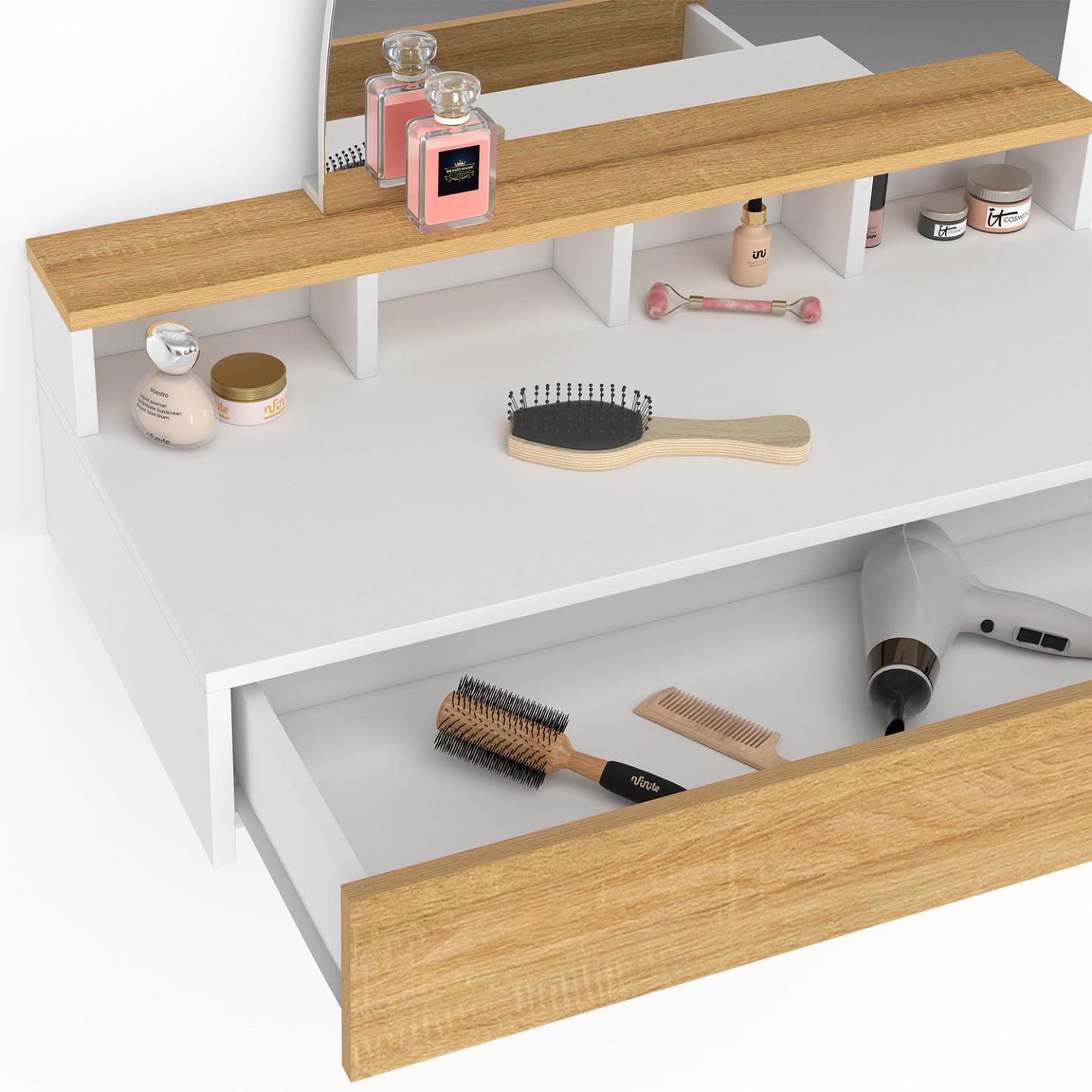 Voir la diapositive 5 : ID MARKET Coiffeuse suspendue zelia miroir led avec 4 niches, 1 tiroir bois et blanc