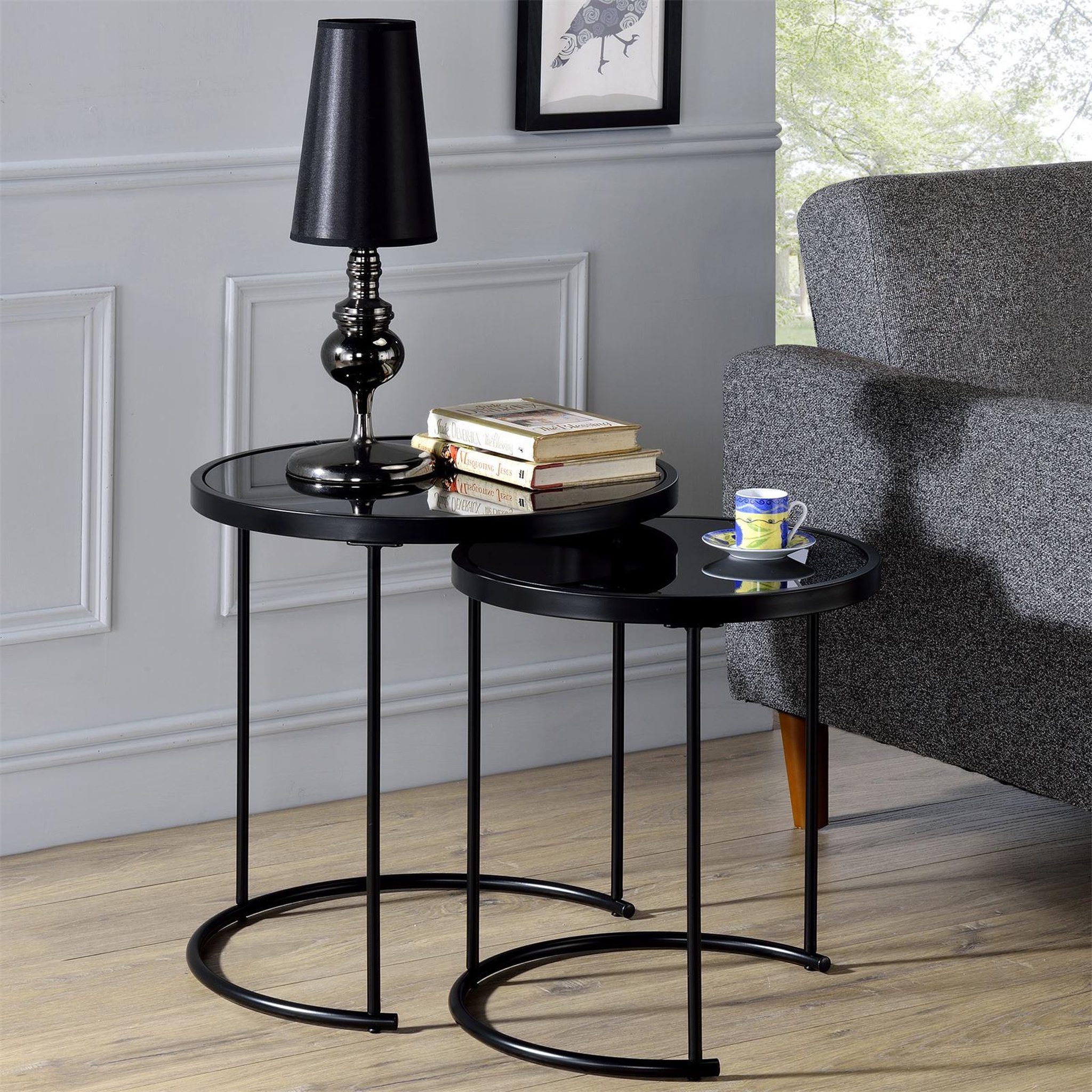 Voir la diapositive 2 : IDIMEX Lot de 2 tables d'appoint gigognes LEYRE, plateau rond en verre