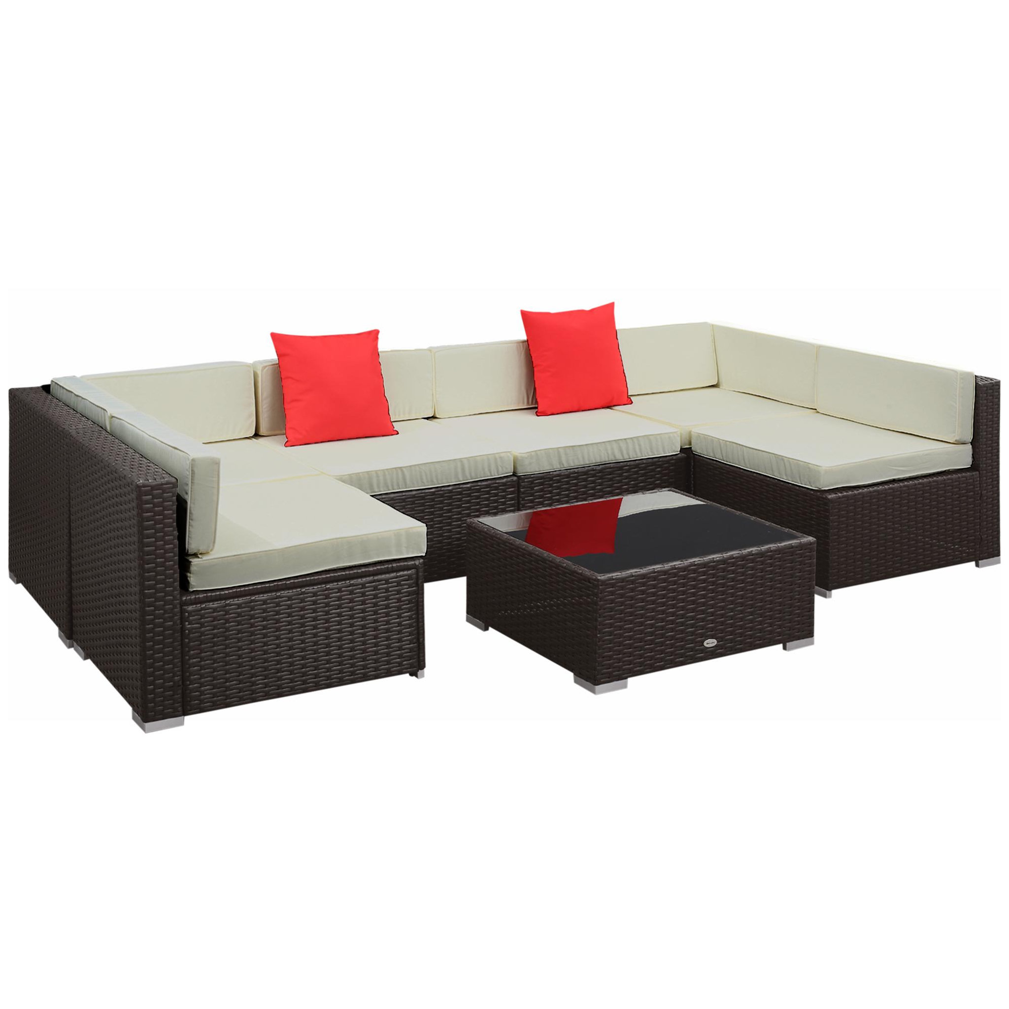 Voir la diapositive 1 : OUTSUNNY Ensemble salon de jardin 7 pièces modulables table basse plateau verre trempé coussins déhoussables inclus résine tressée imitation rotin brun foncé