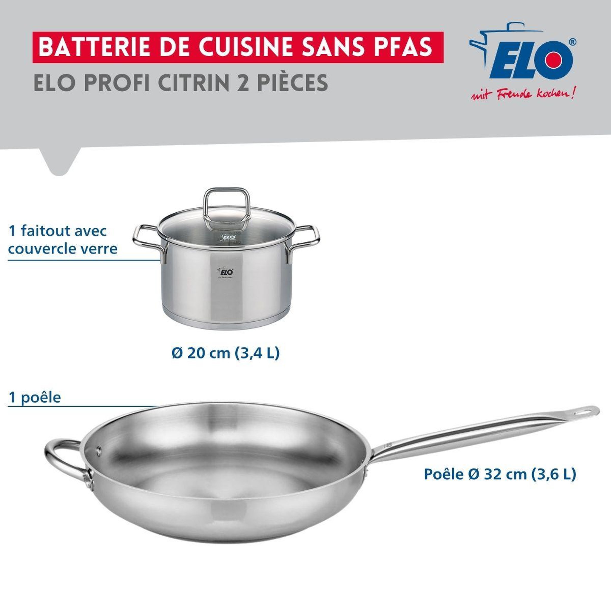 Voir la diapositive 2 : ELO Ensemble de 1 poêle de cuisson 32 cm et 1 faitout 20 cm elo profi citrin