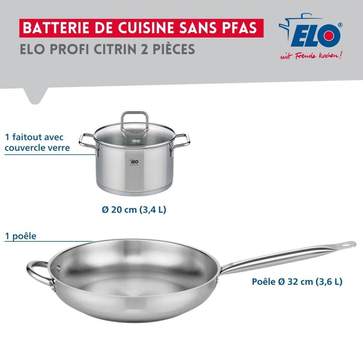 ELO Ensemble de 1 Poêle de cuisson 32 cm et 1 faitout 20 cm Elo Profi Citrin