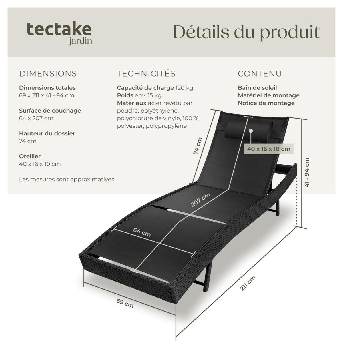 tectake Bain de soleil en rotin résistant et anti-UV noir