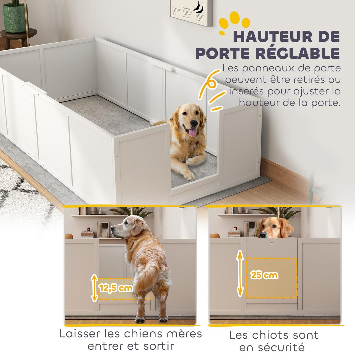 PAWHUT Parc de mise bas pour chien - caisse de mise bas pour chien - hauteur porte réglable - bois pin MDF blanc