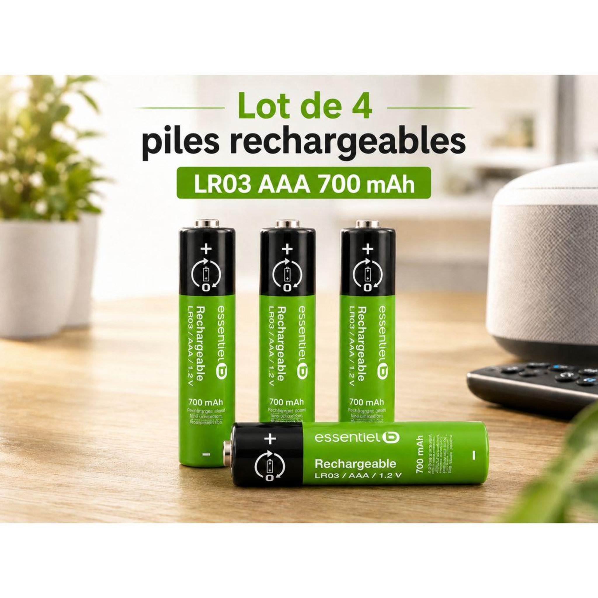 Voir la diapositive 2 : ESSENTIEL B Pile rechargeable lr03 aaa lot de 4 piles 700mah