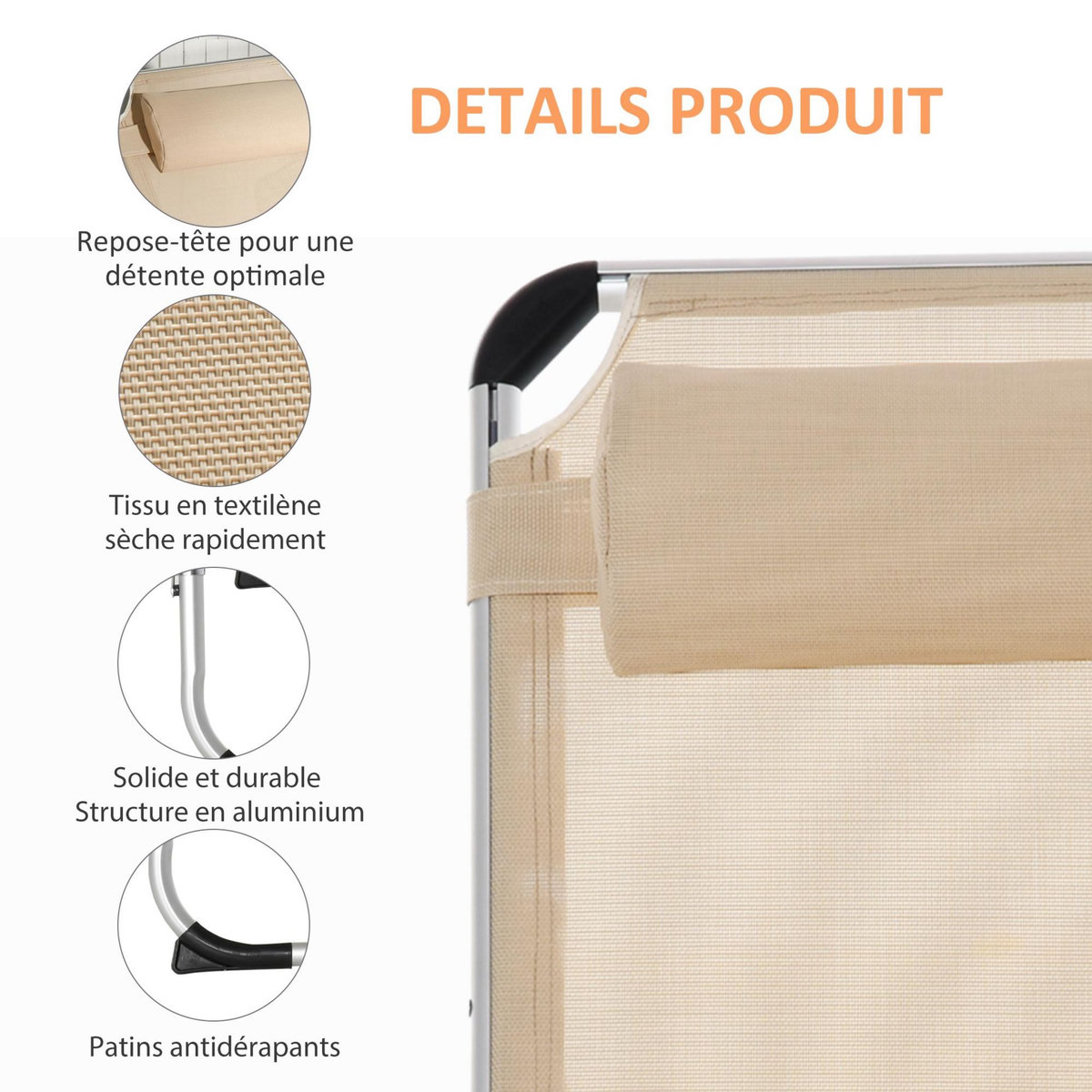 OUTSUNNY Bain de soleil transat pliable grand confort dossier réglable multi-position tétière alu. textilène beige