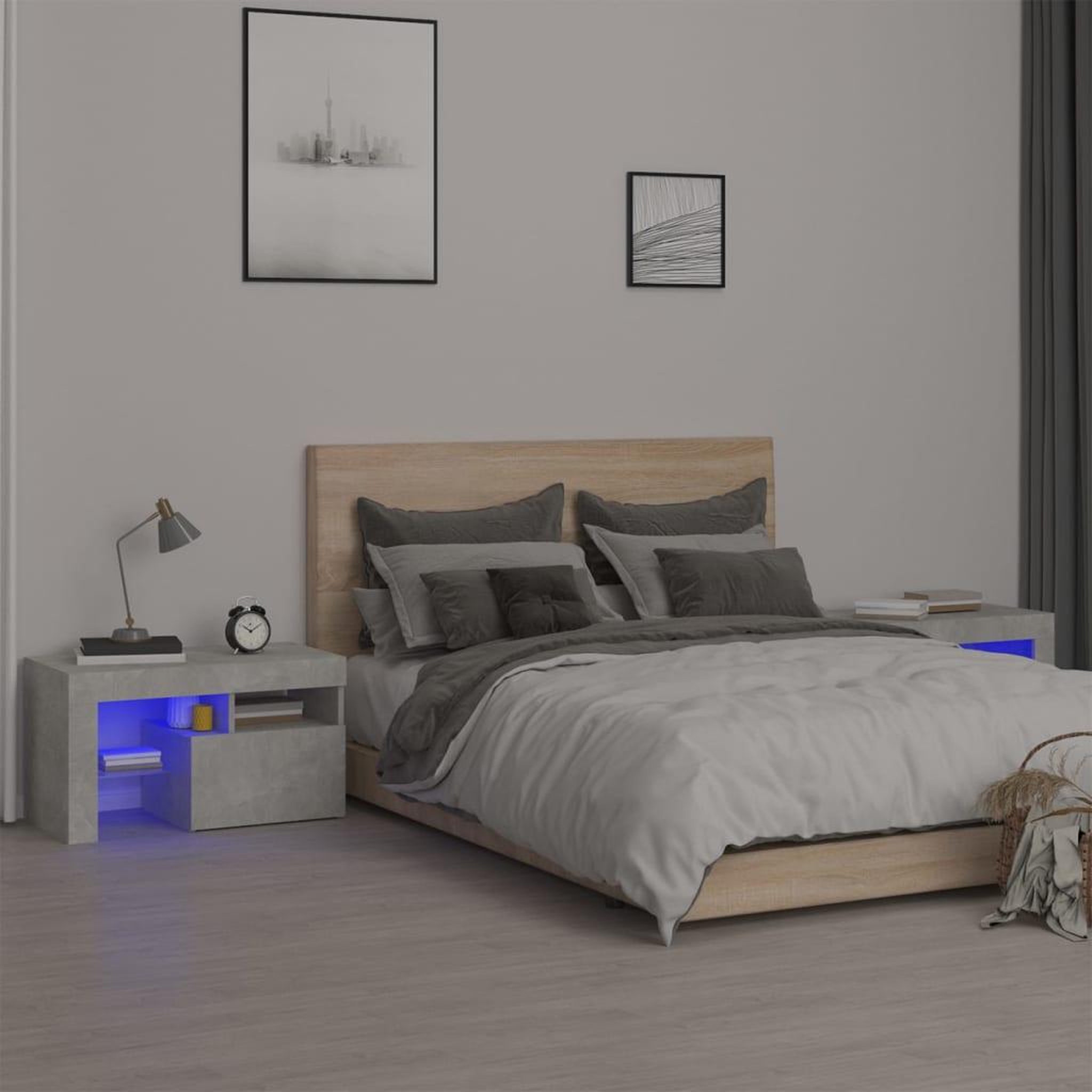 VIDAXL Tables de chevet 2 pcs et lumieres LED Gris beton 70x36,5x40 cm