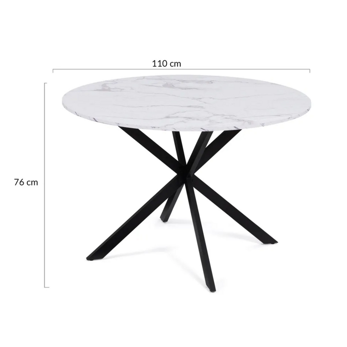 ID MARKET Table à manger ronde ALIX 6 personnes pied araignée noir et plateau effet marbre blanc ALASKA 110 cm