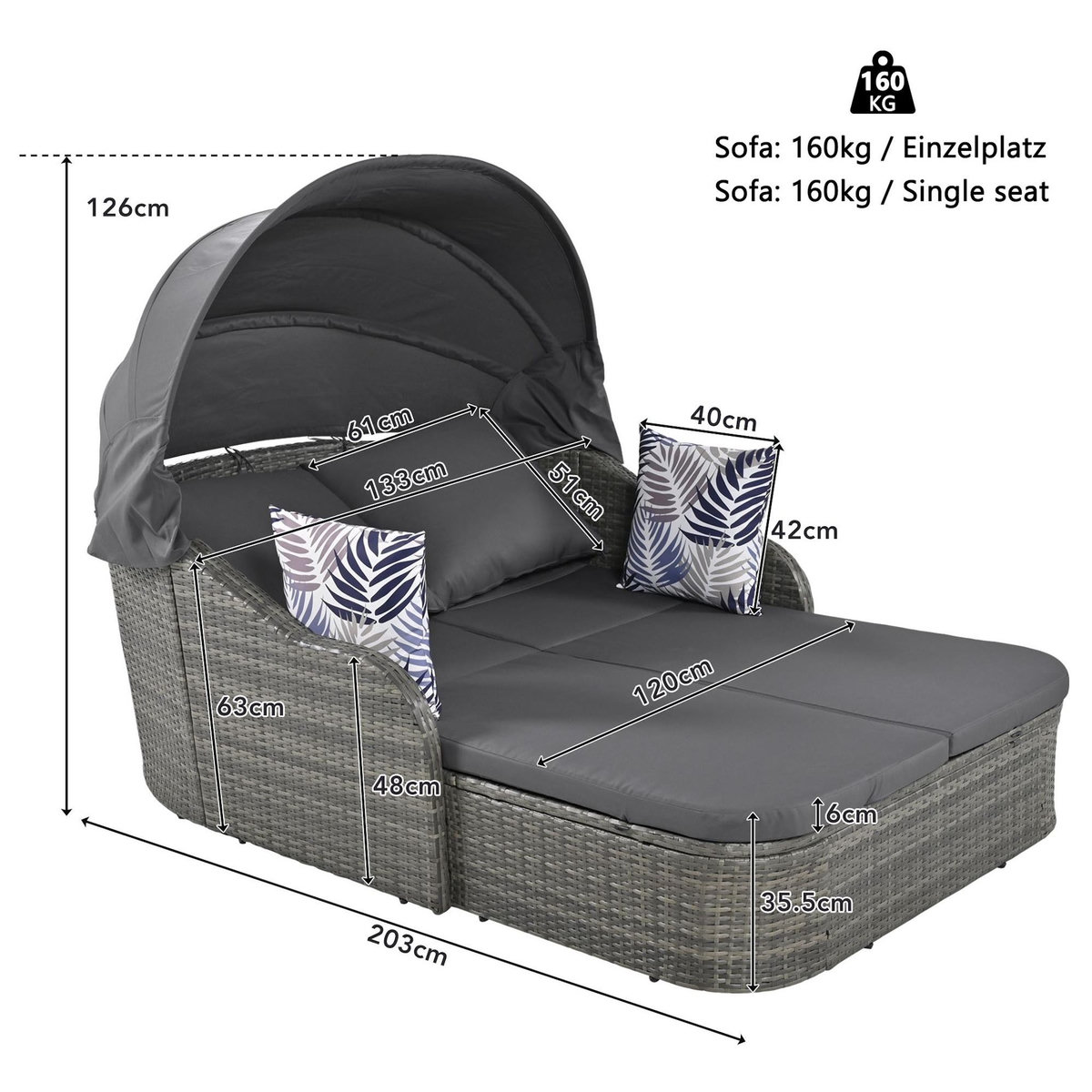 MERAX Bain de soleil 2 places en Métal avec auvent réglable, 4 coussins, housses amovibles, gris