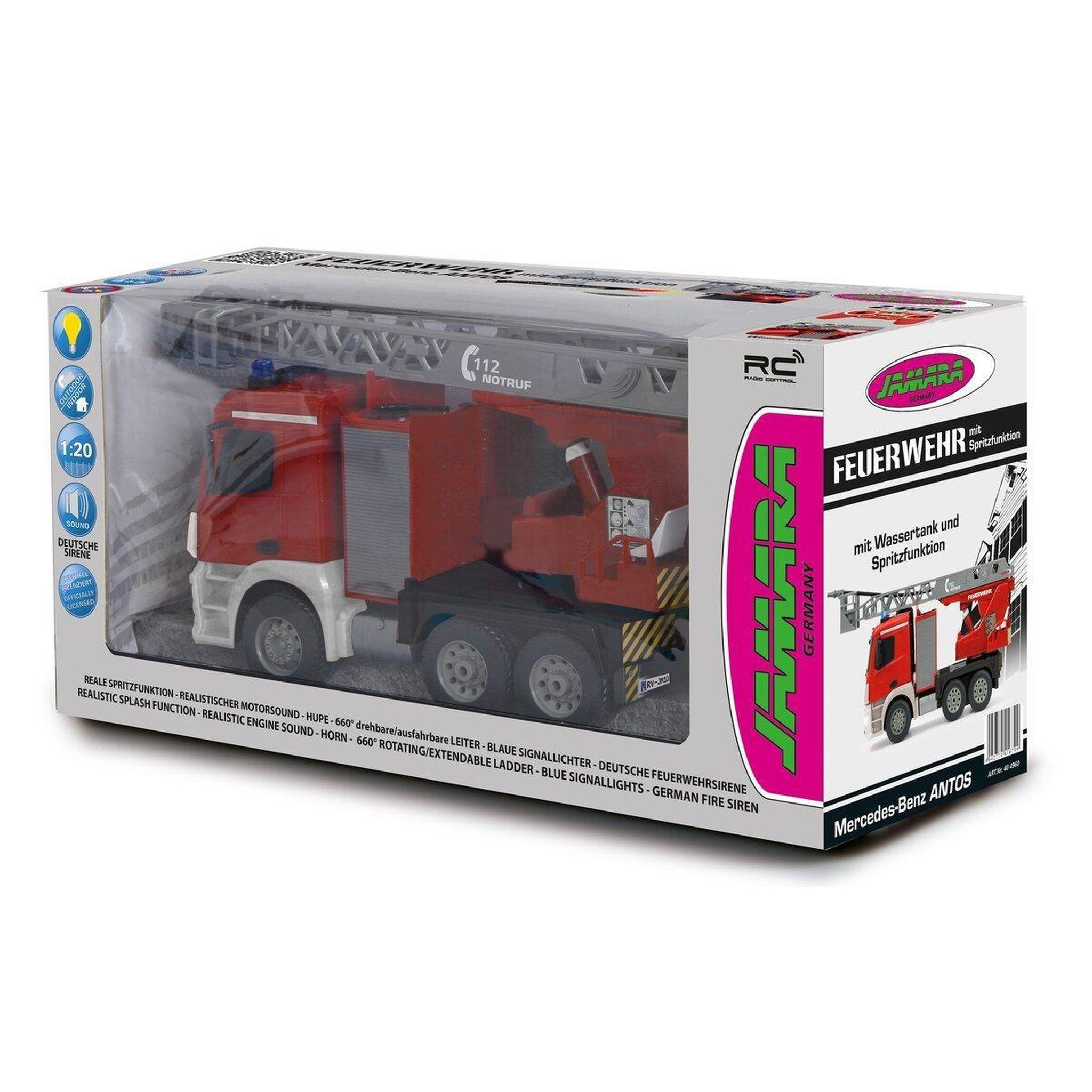Voir la diapositive 2 : Jamara Mercedes-benz antos echelle de pompiers tournant 1:20 2,4ghz fonction projection