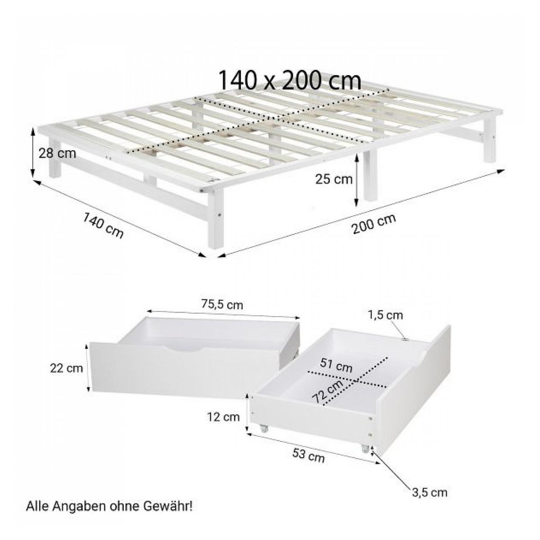 Voir la diapositive 3 : HomeStyle4U Lit en palette blanc 140x200 cm avec 2 tiroirs sommier à lattes