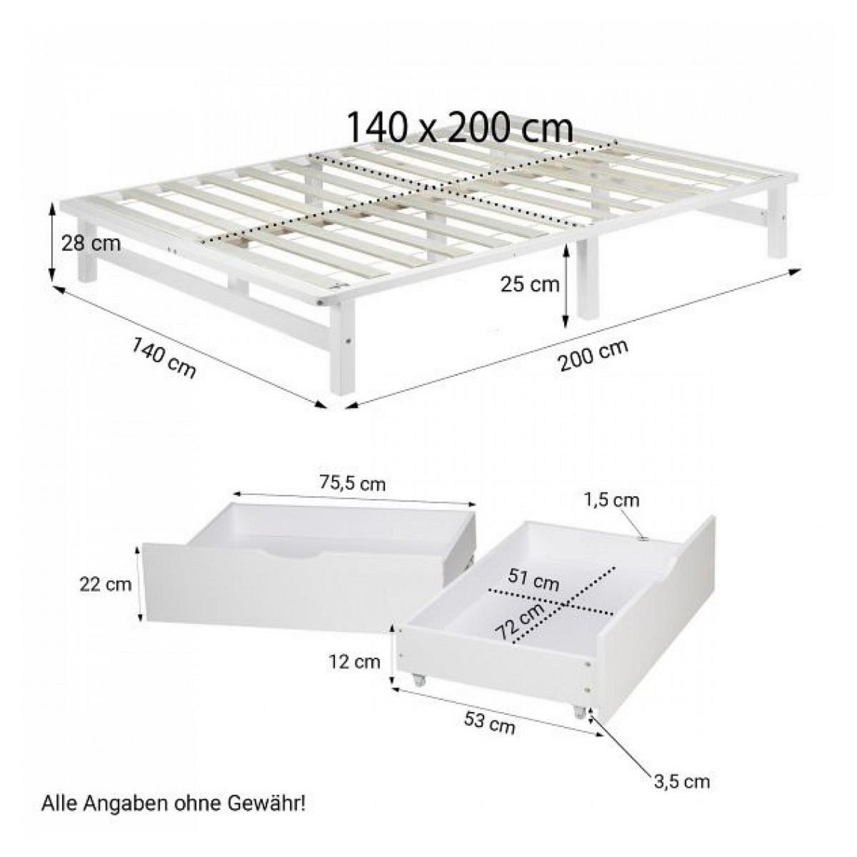 HomeStyle4U Lit en palette blanc 140x200 cm avec 2 tiroirs sommier à lattes