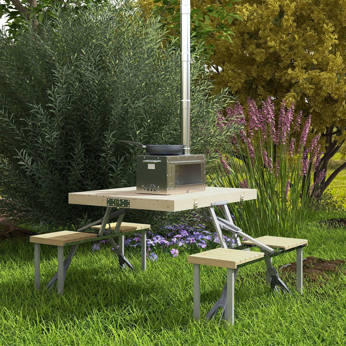 OUTSUNNY Ensemble table et chaise de camping pliable forme valise alu bois