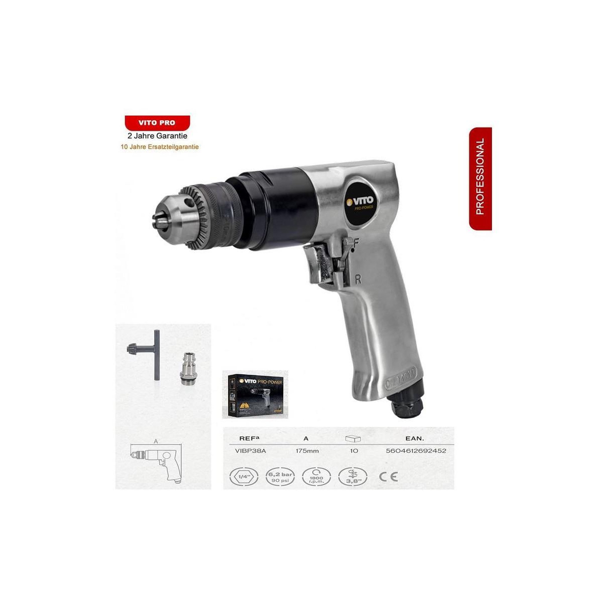 Voir la diapositive 4 : VITO Perceuse pneumatique à air comprimé foret ø10 mm max - 6.2 bar entraînement 3/8  conso :142 l/min vitesse 1800 tr/min vito