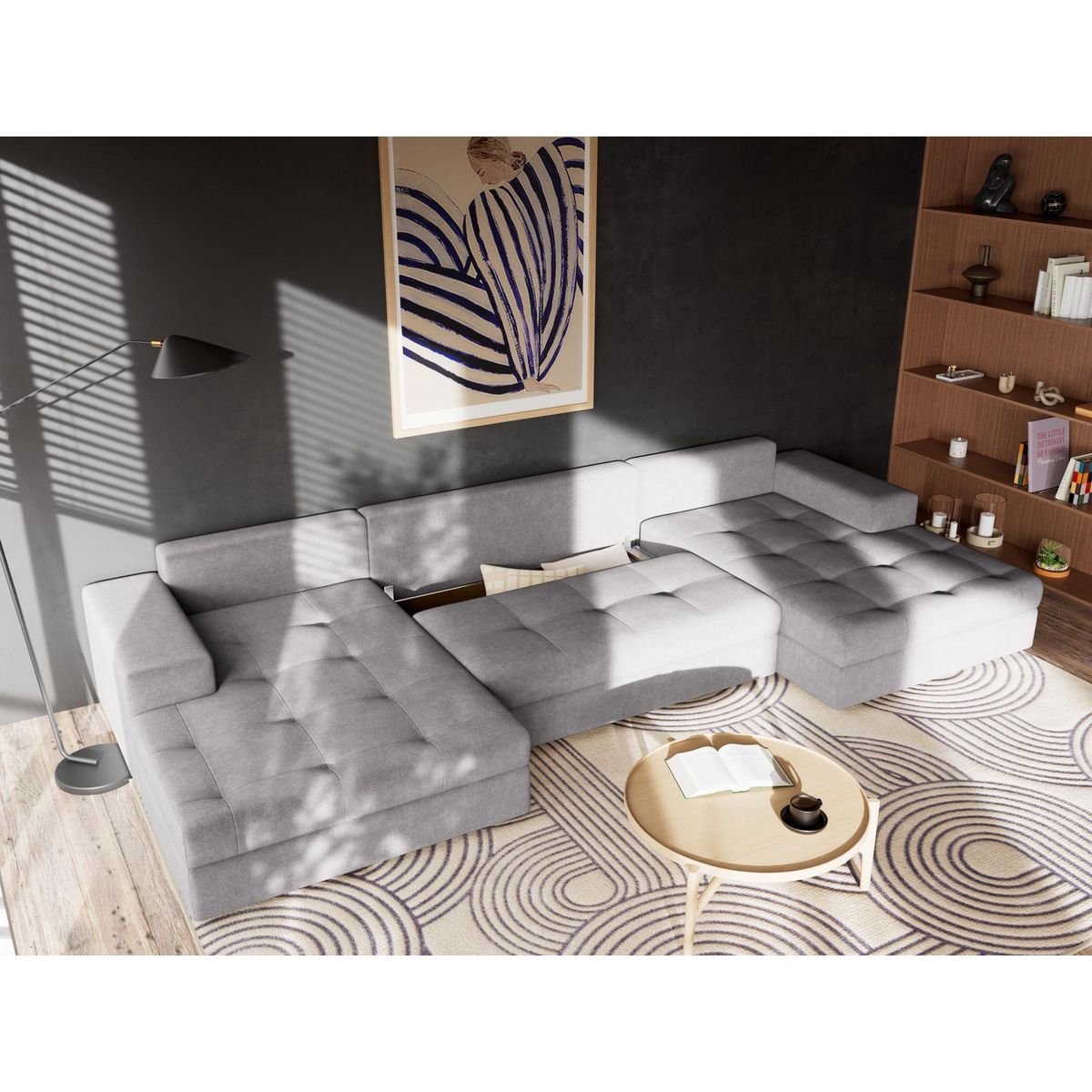 BEST MOBILIER Bastian - canapé panoramique en u 7 places convertible avec coffre en velours texturé