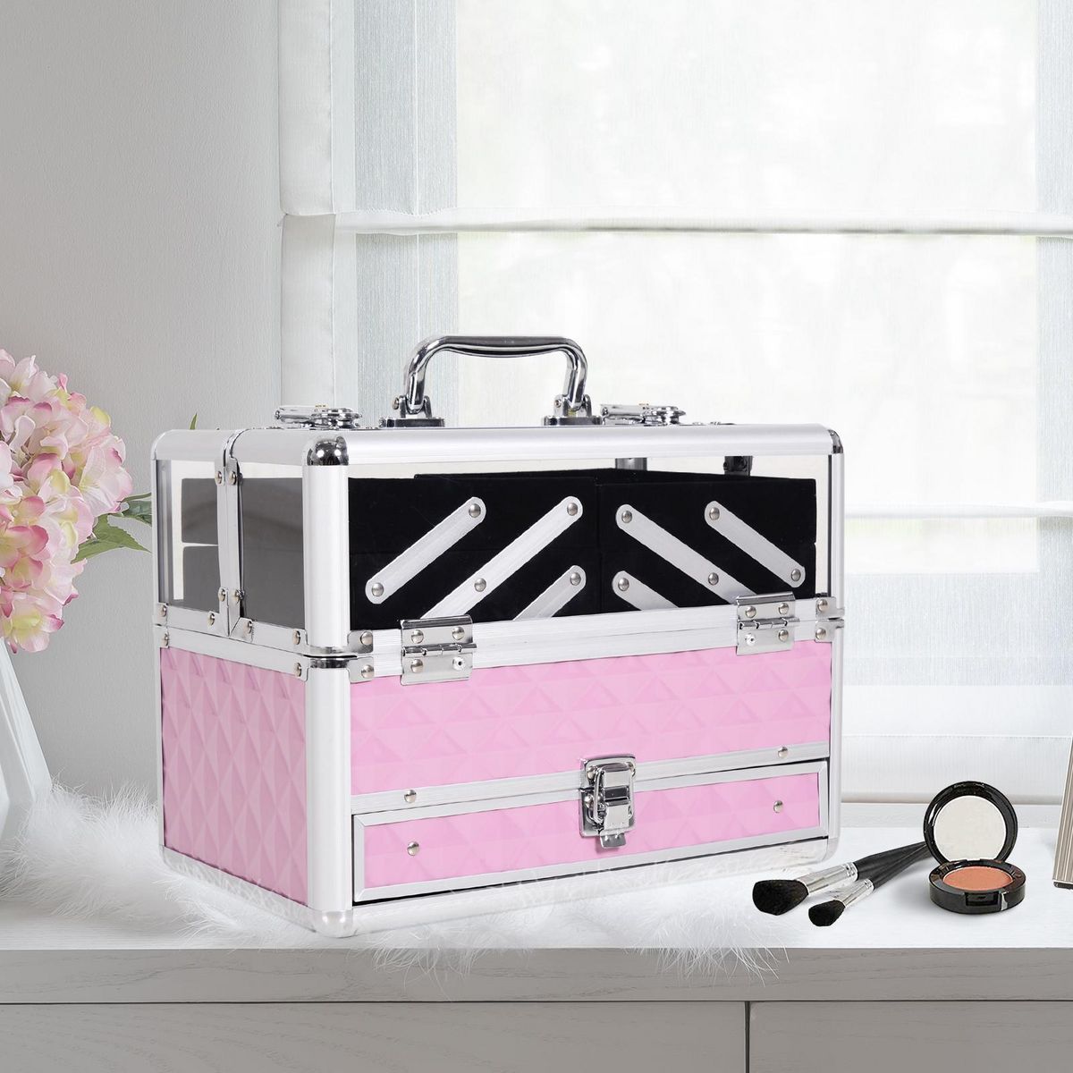 HOMCOM Mallette à maquillage - coffre à cosmétiques - rangement produits de beauté - dim. 30L x 18l x 22H cm - poignée serrure alu. acrylique