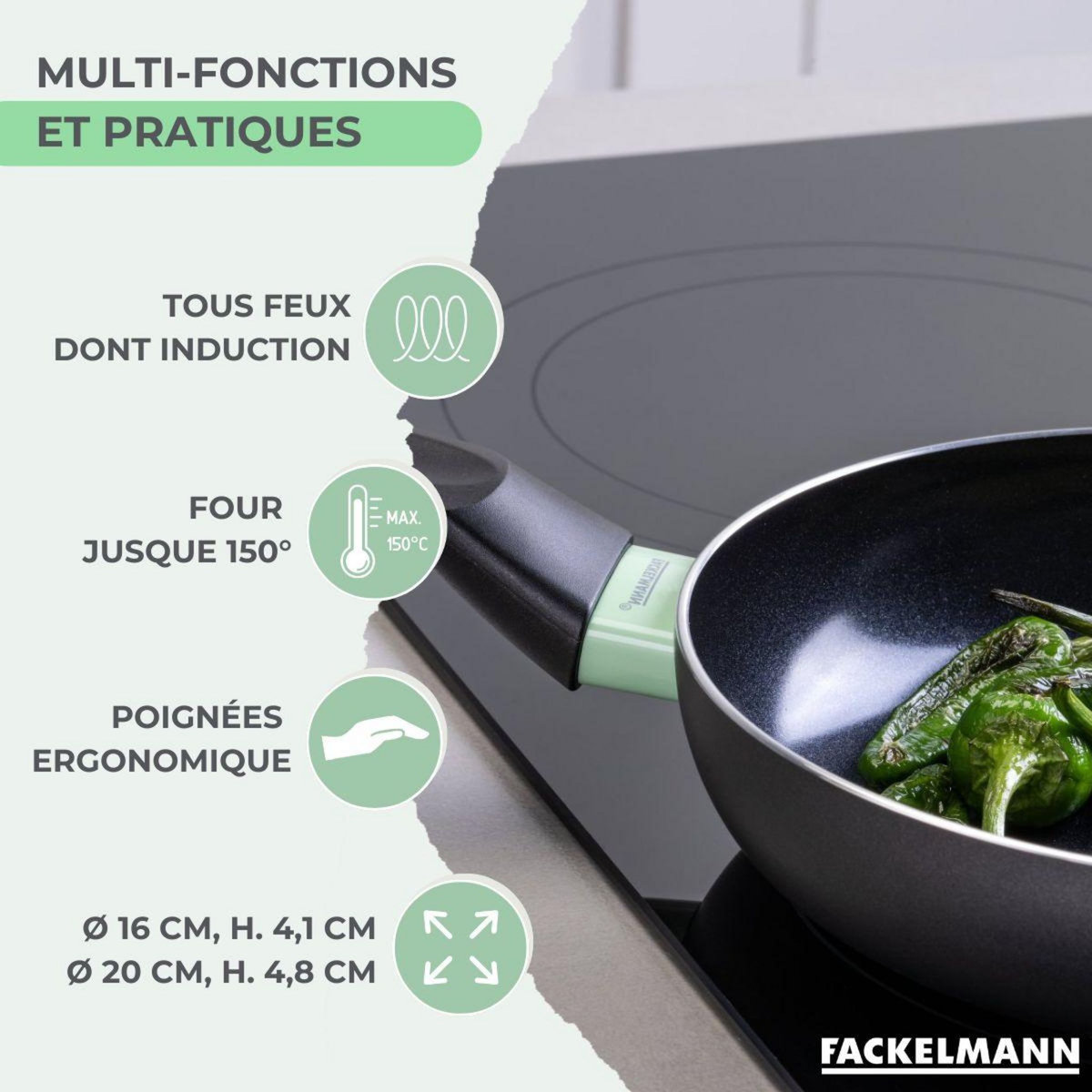 Fackelmann Ensemble de 2 poêles de 16 et 20 cm et 6 ustensiles Fackelmann Brandao