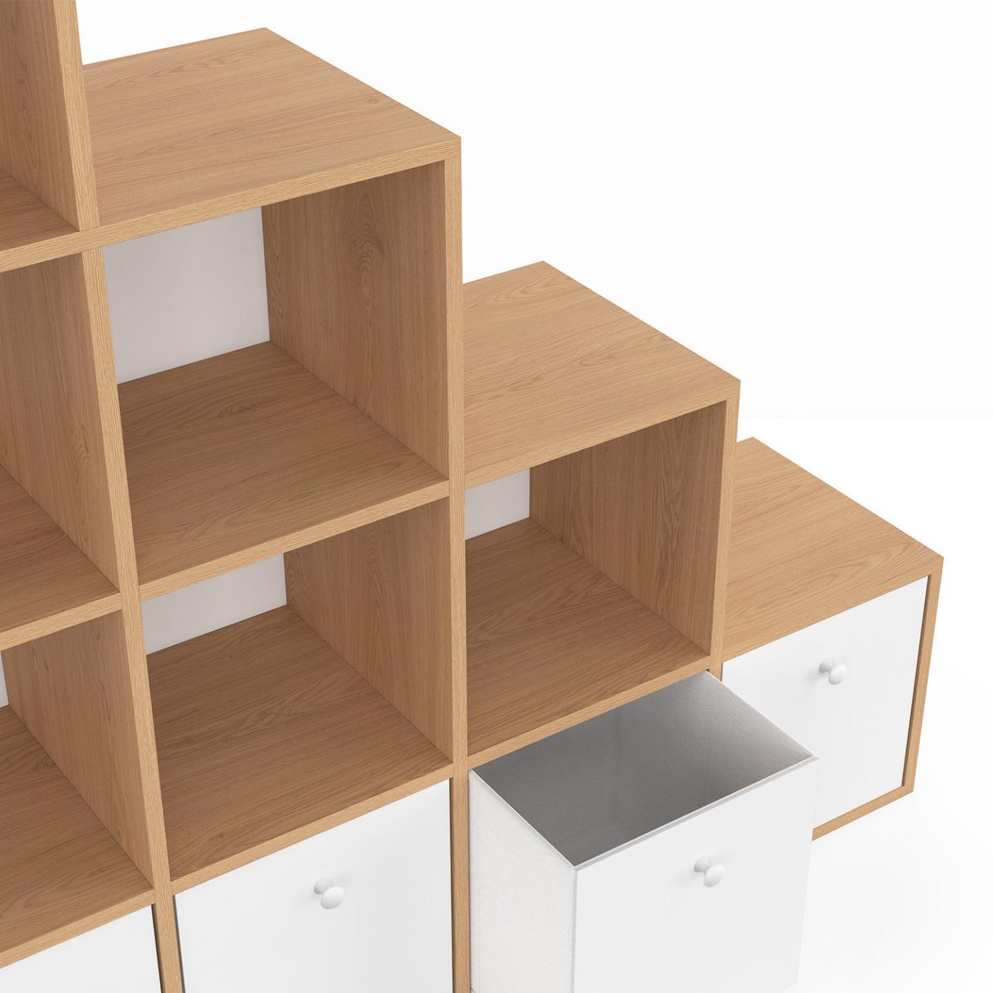 Voir la diapositive 6 : ID MARKET Meuble de rangement en escalier lorys 4 niveaux bois et blanc avec 4 tiroirs en tissu